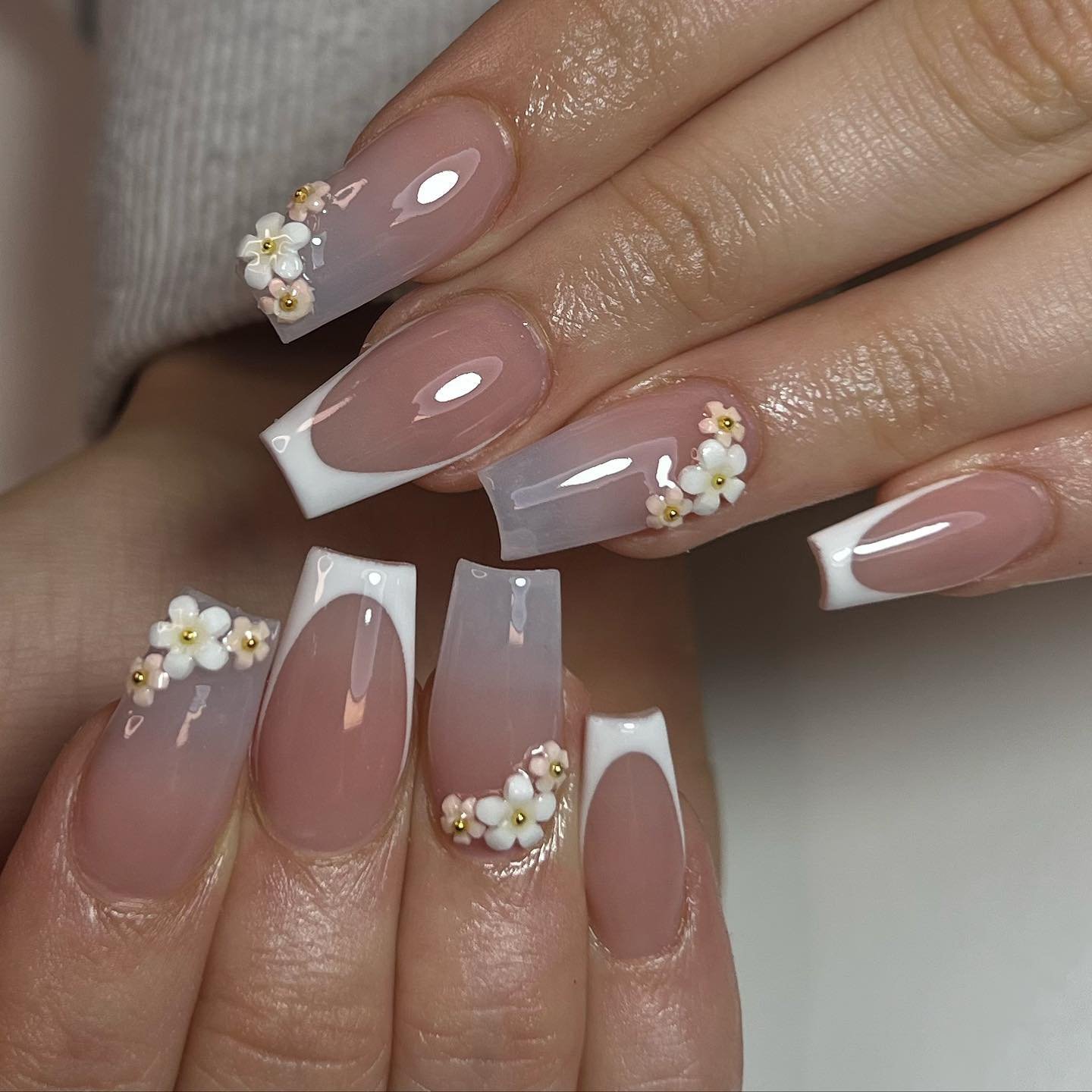 Nude Coffin Nails with Tiny White Floral Details