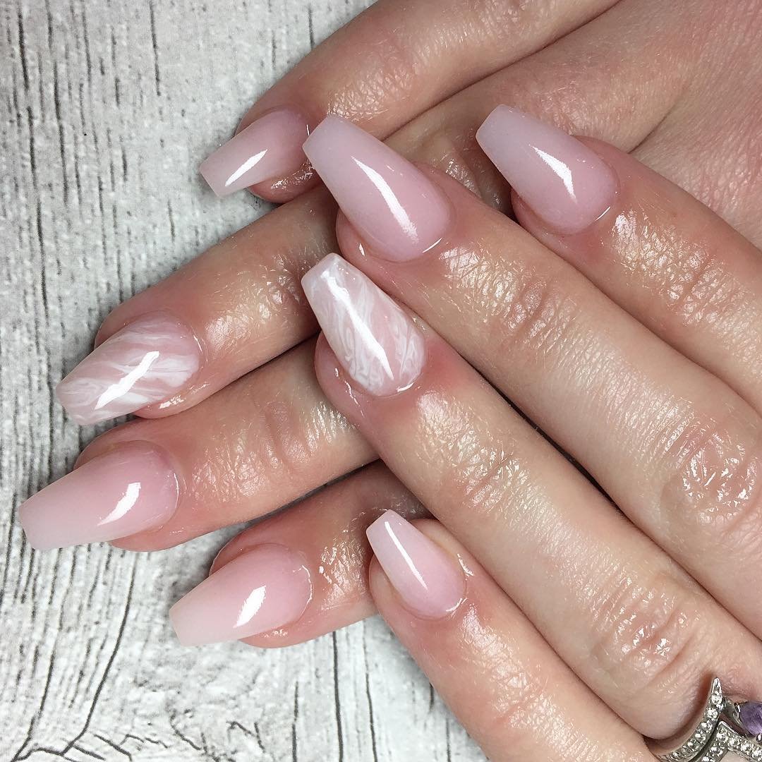 Glossy Pink Coffin Nails with Pale Marble Accents