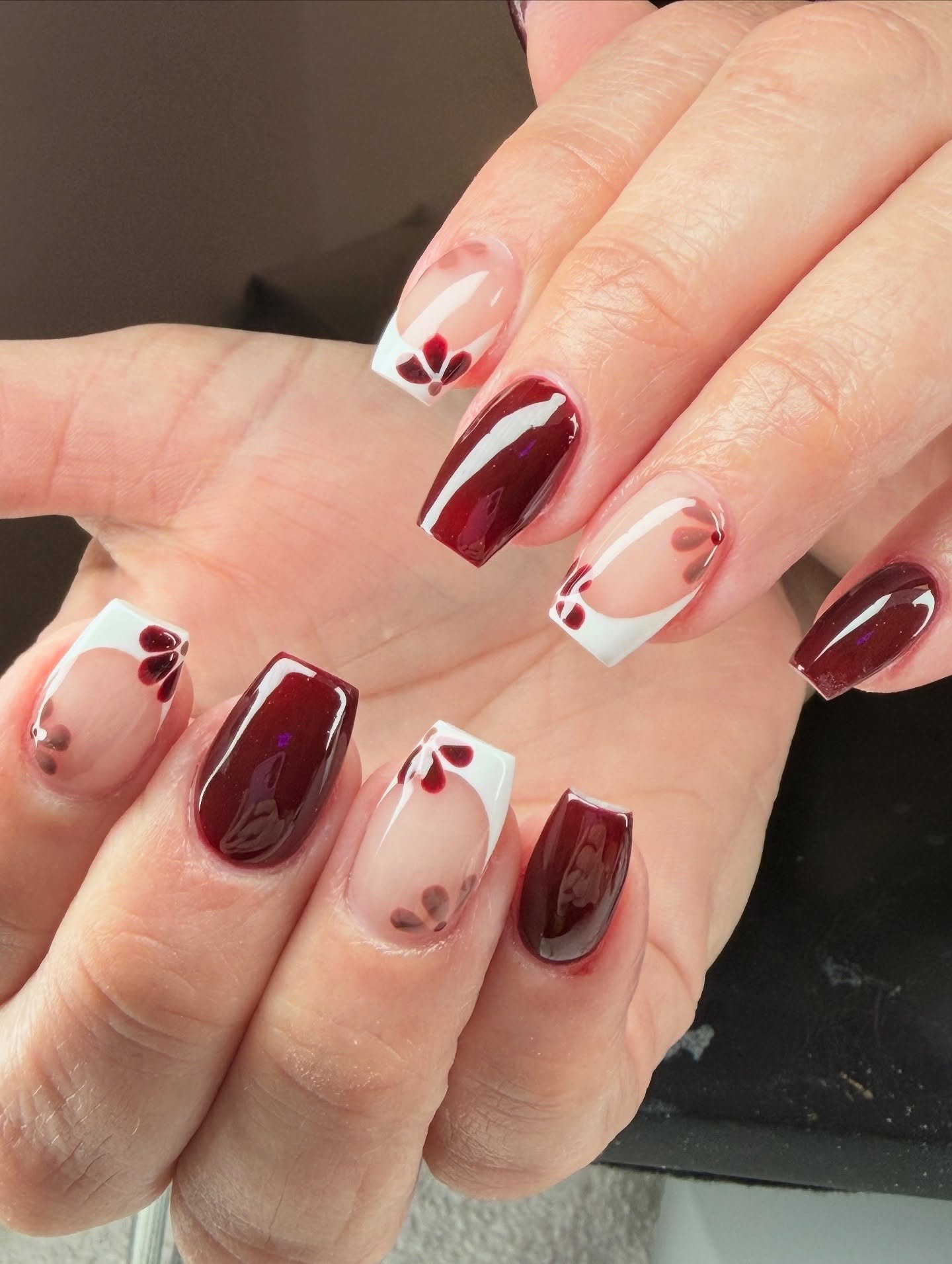 Burgundy and Nude Coffin Nails with White Detail