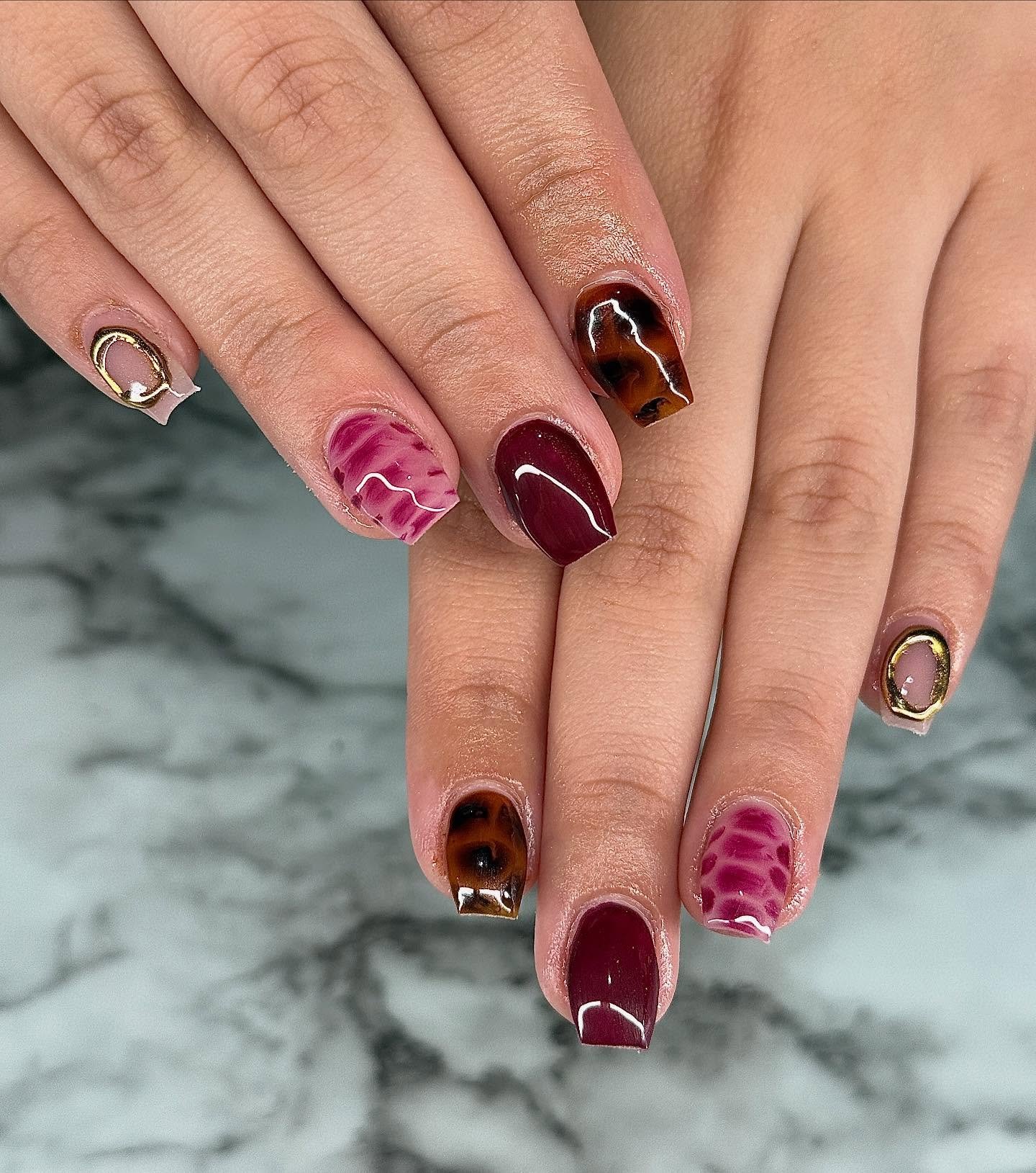 Burgundy Coffin Nails with Animal-Print and Line Accents