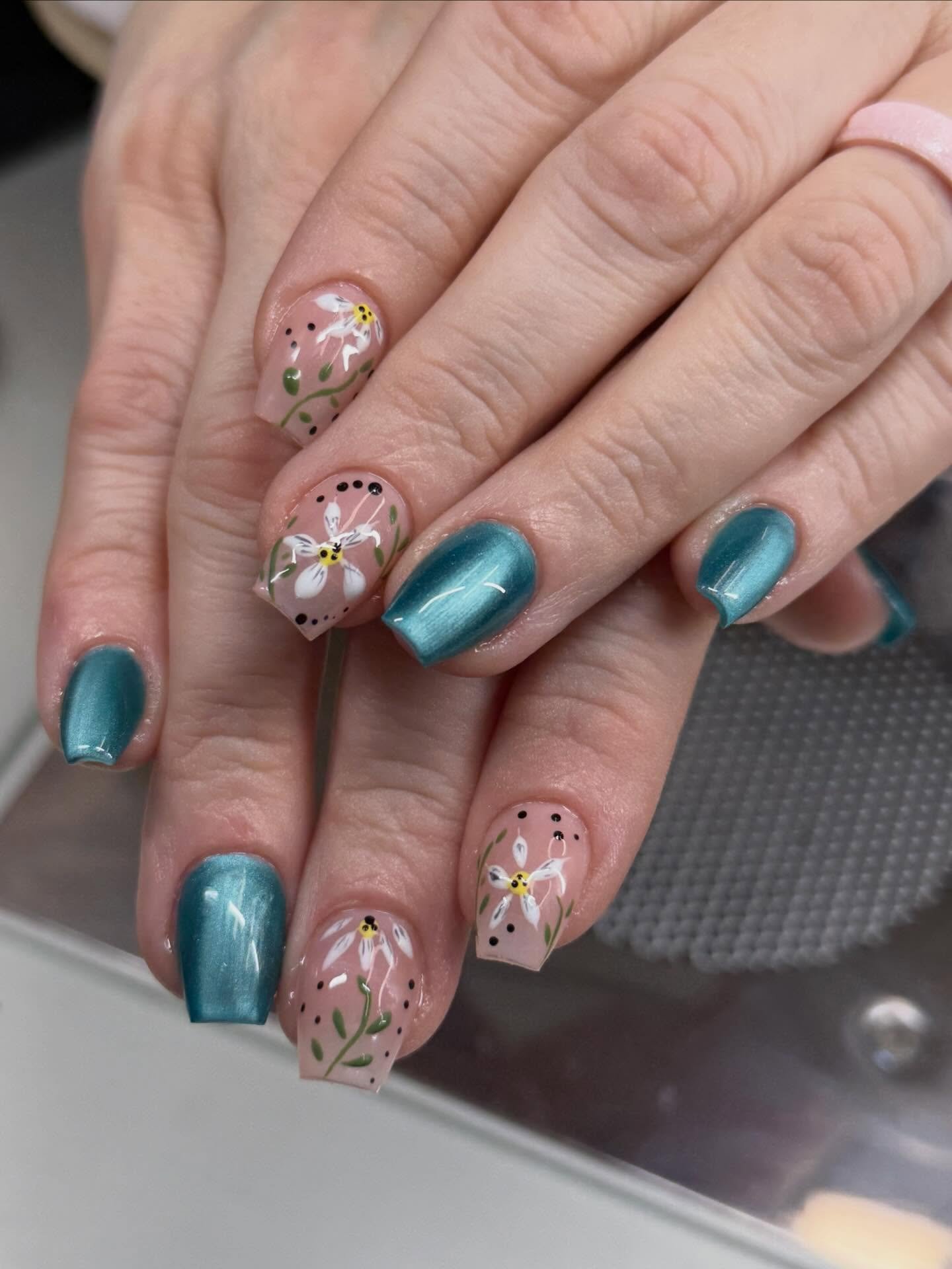Teal Coffin Nails with Floral and Glitter Accents