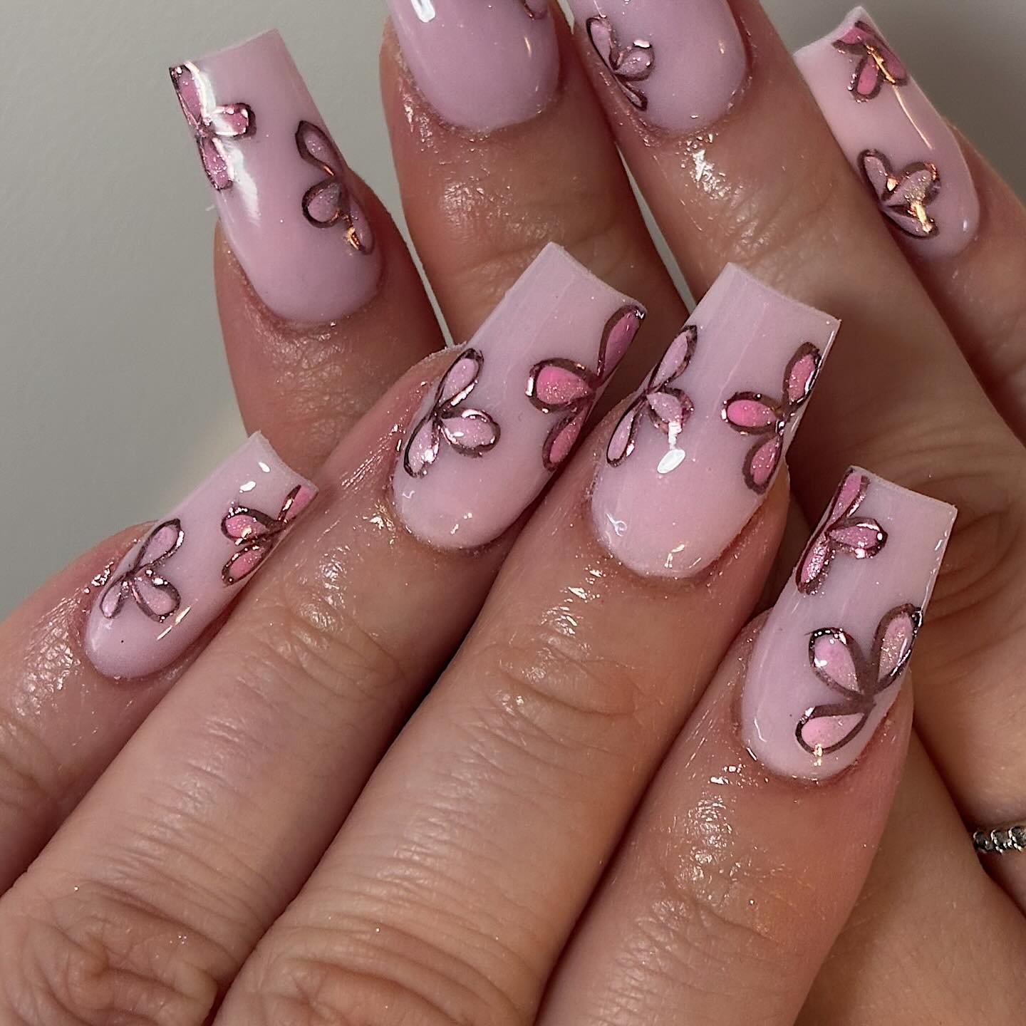 Pink Coffin Nails with Black Butterfly Line Art