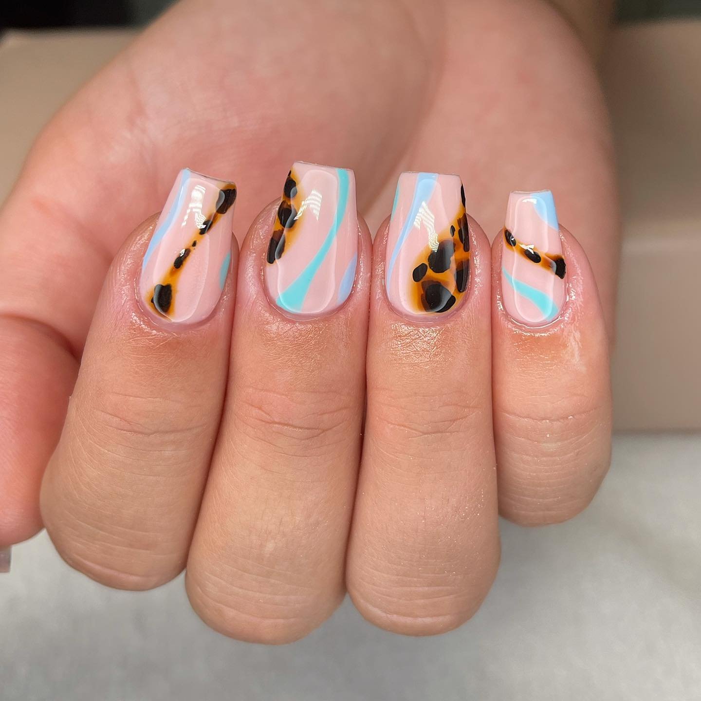 Nude Coffin Nails with Colorful Abstract Accents