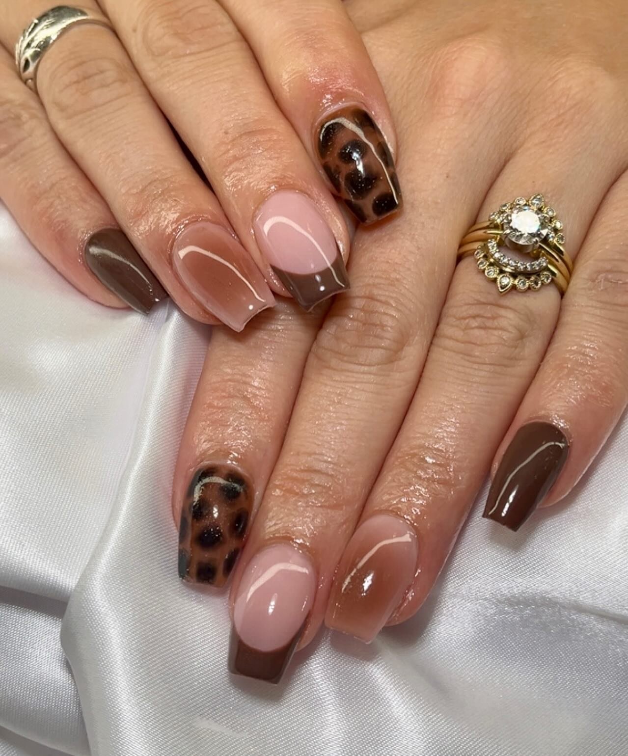 Brown Nude Coffin Nails with Animal-Print Accents