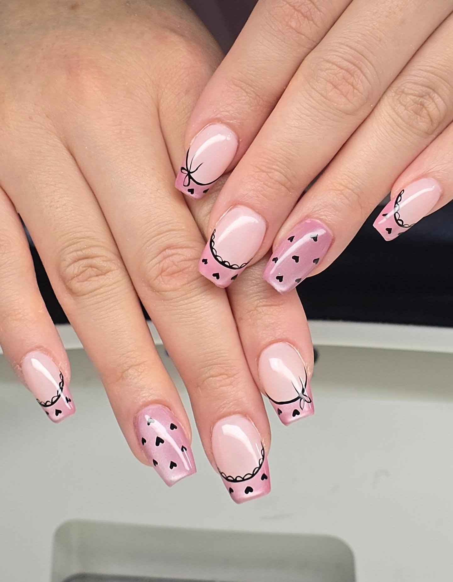 Pink Coffin Nails with Black and Pink Spot Details