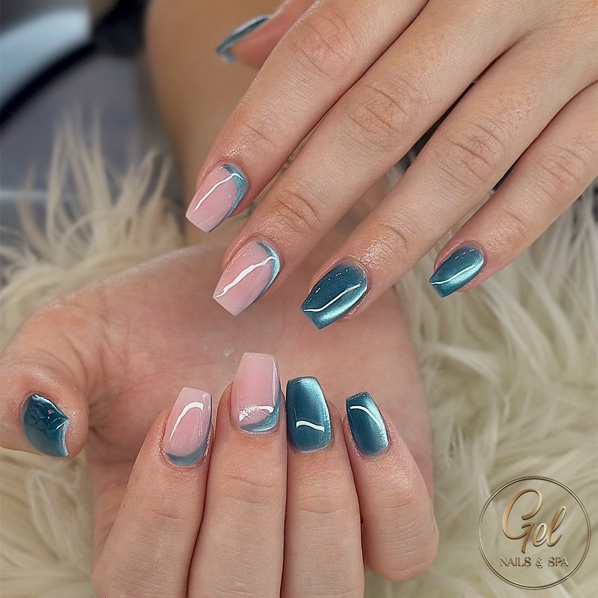 Pink and Teal Coffin Nails with White Tips