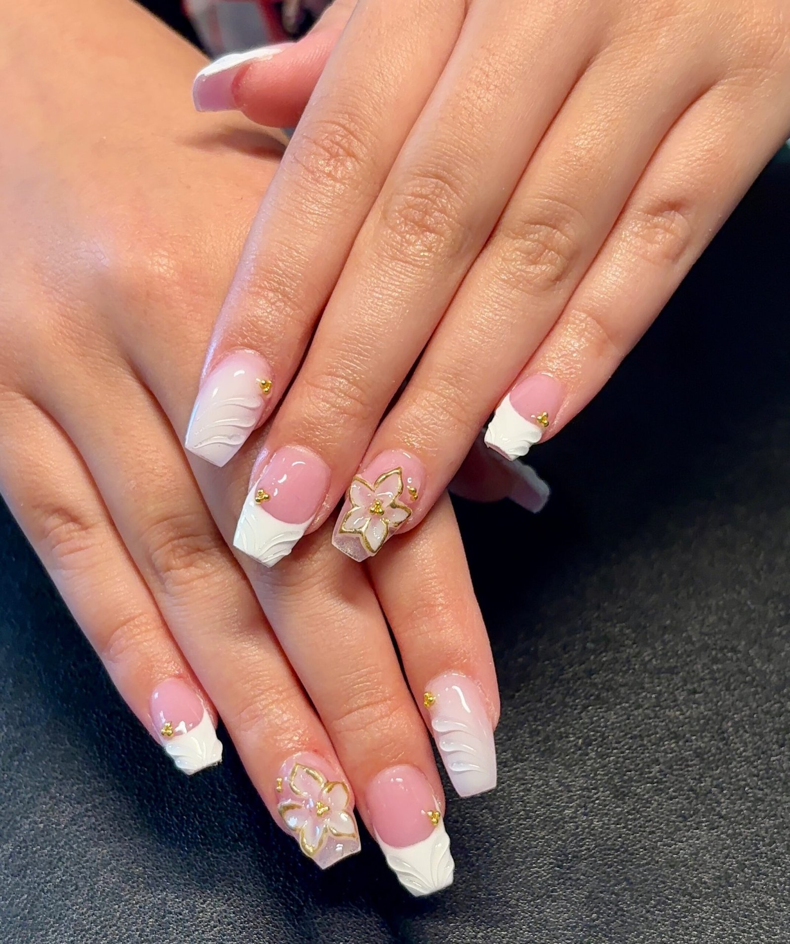 Pink Coffin Nails with Tiny Floral Accents