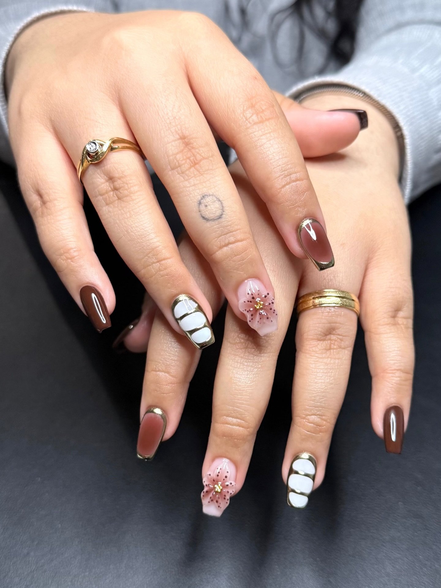 Black and Pink Coffin Nails with Floral Accents