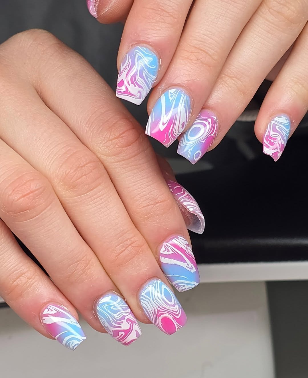 Pink Coffin Nails with Blue and Purple Abstract Art