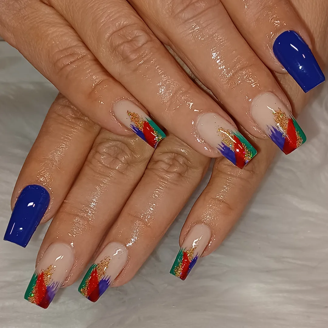 Blue Coffin Nails with Colorful Geometric Tips