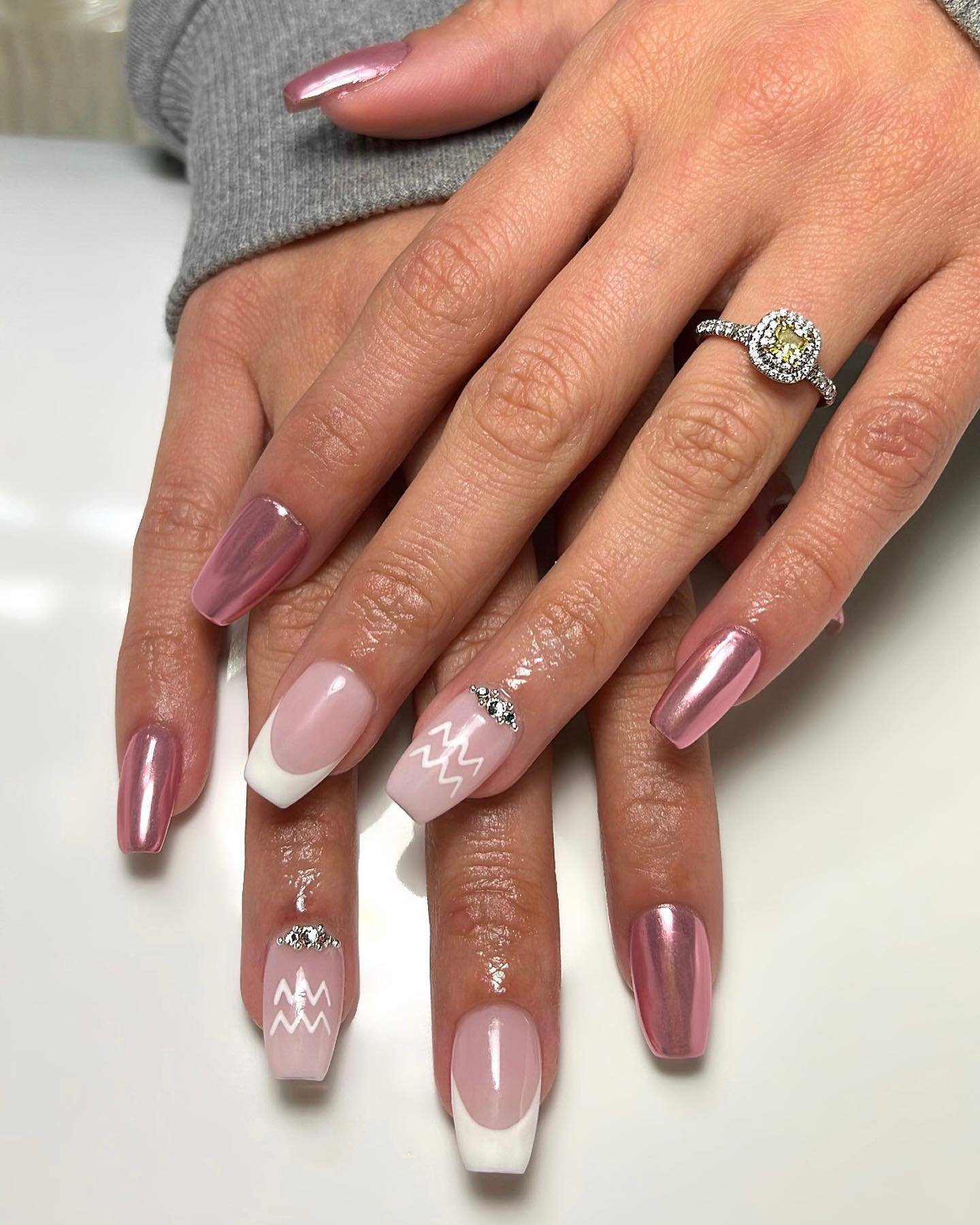 Mauve Coffin Nails with White and Glitter Accents