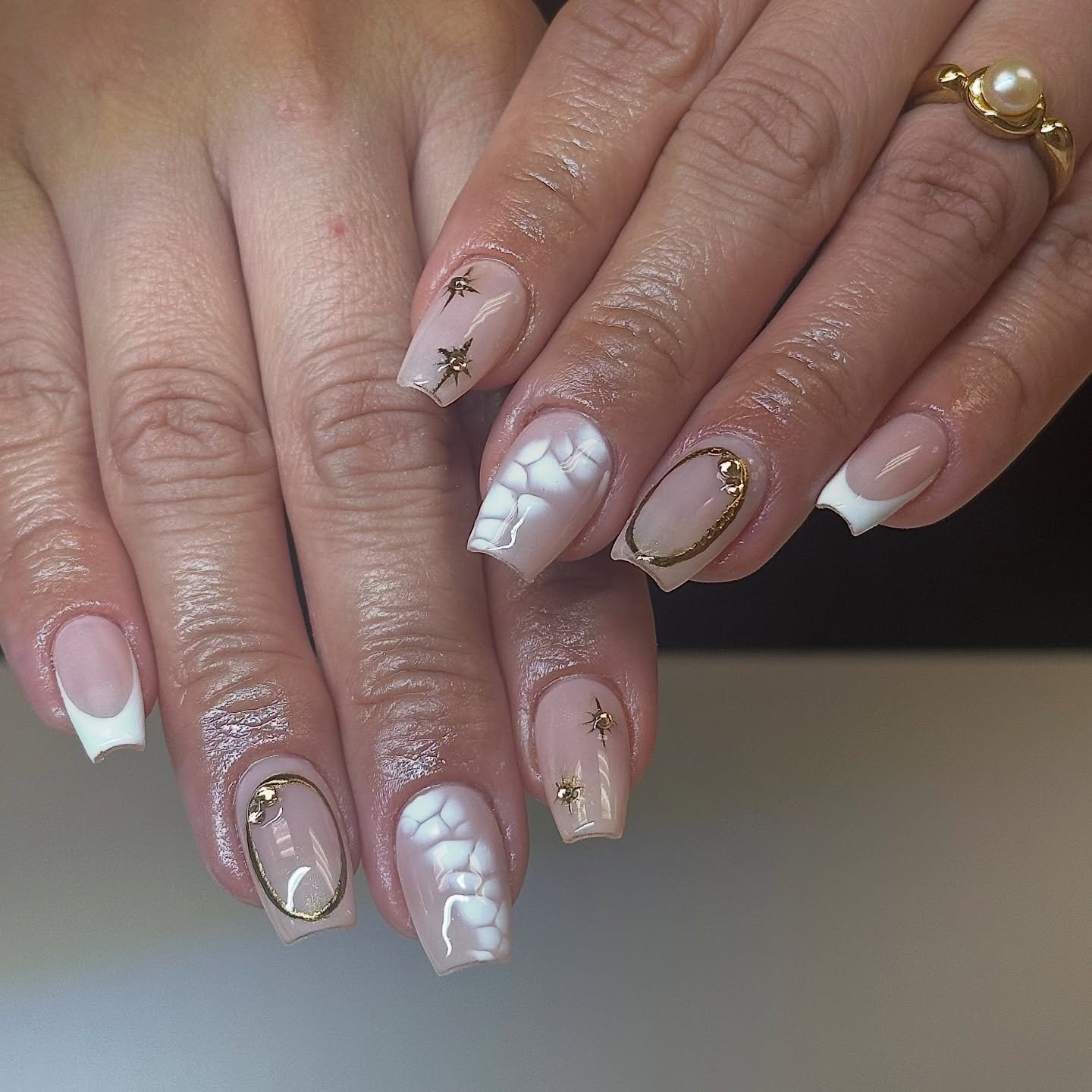 Neutral Coffin Nails with White Abstract Details