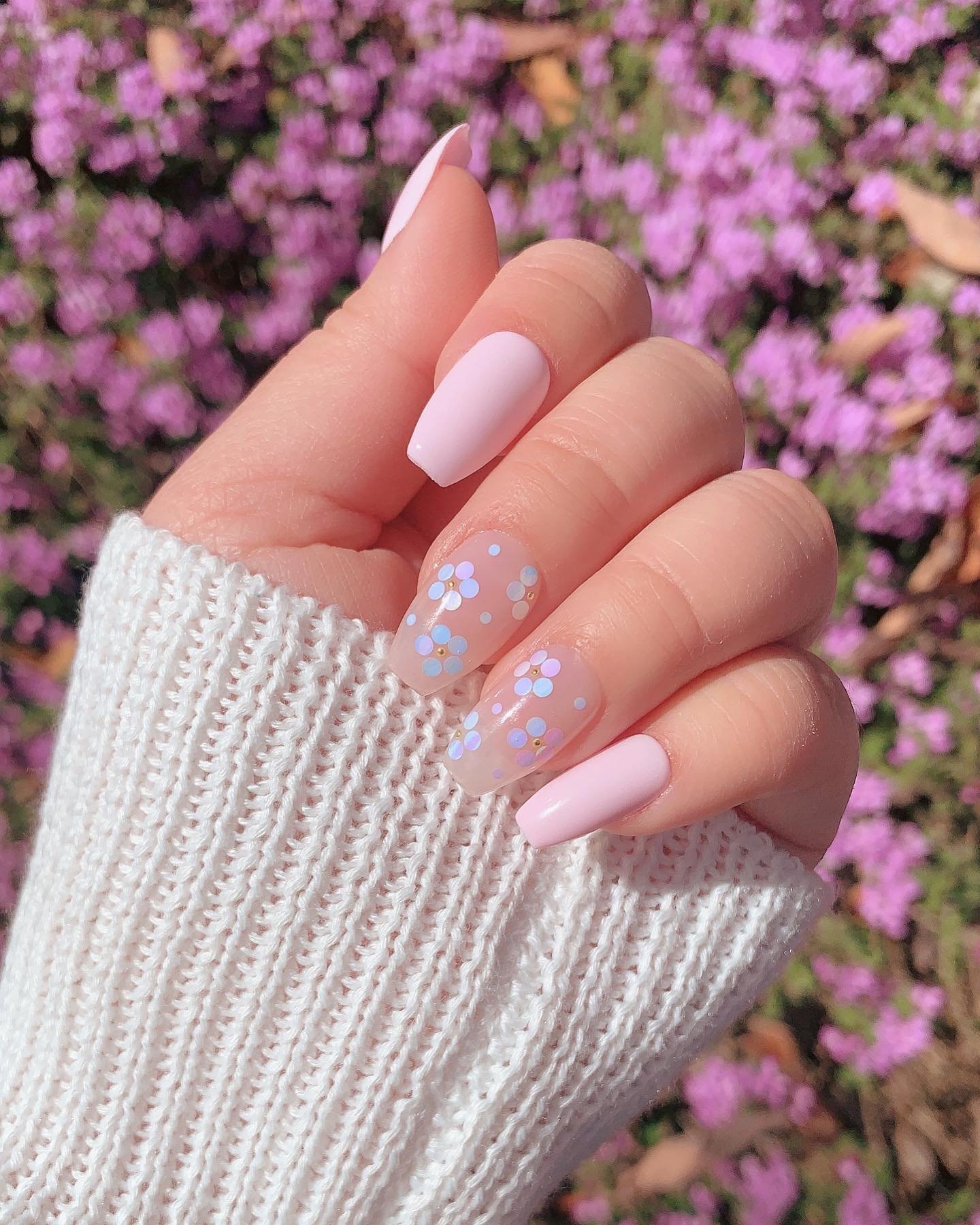 Pink Coffin Nails with Blue Floral Details