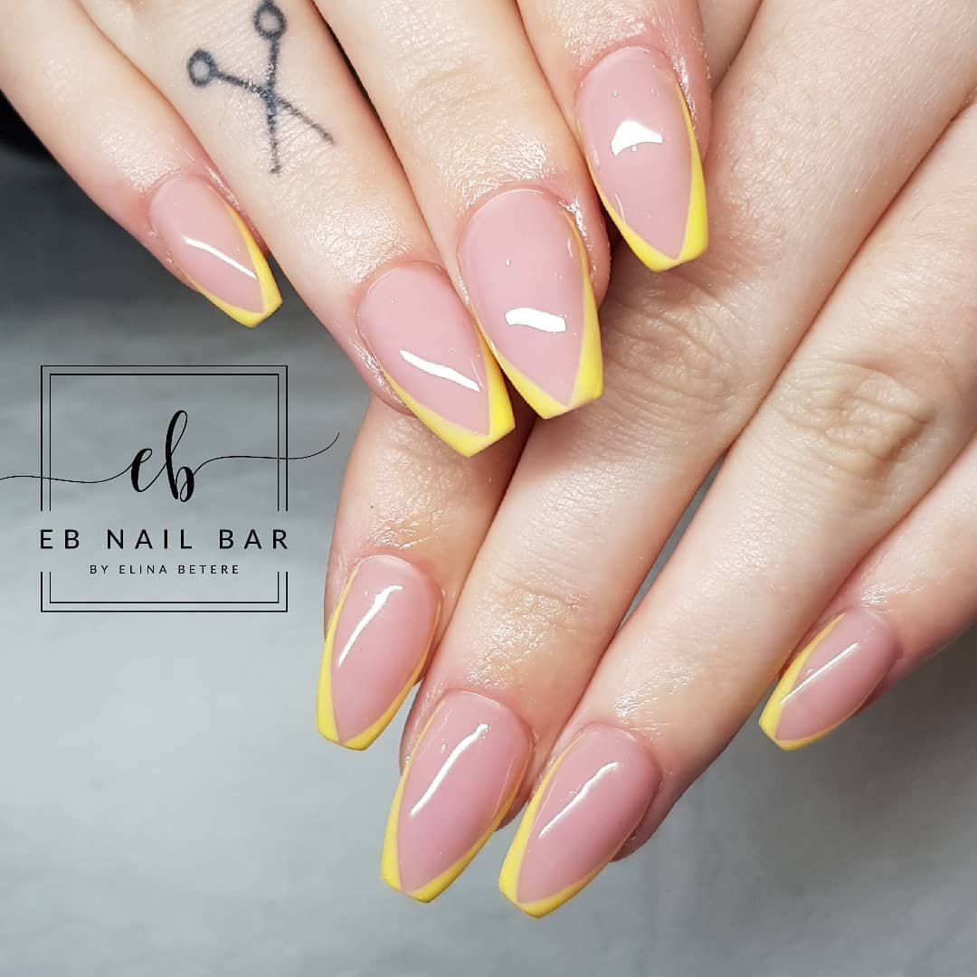 Pink Coffin Nails with Yellow French Tips
