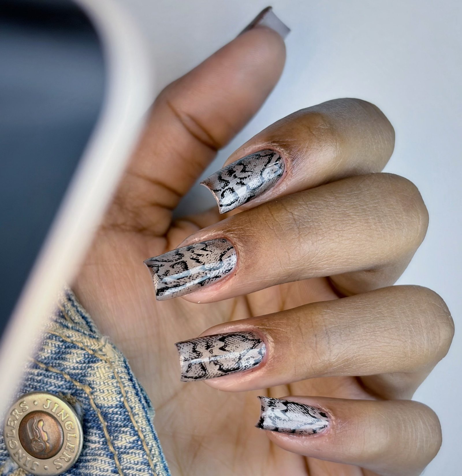White and Black Snakeskin Almond Nails