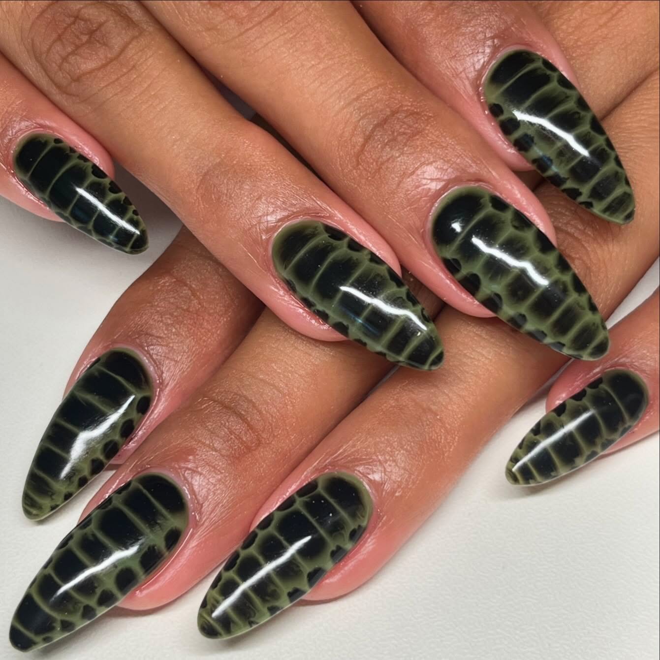 Glossy Black and Green Snakeskin Nails