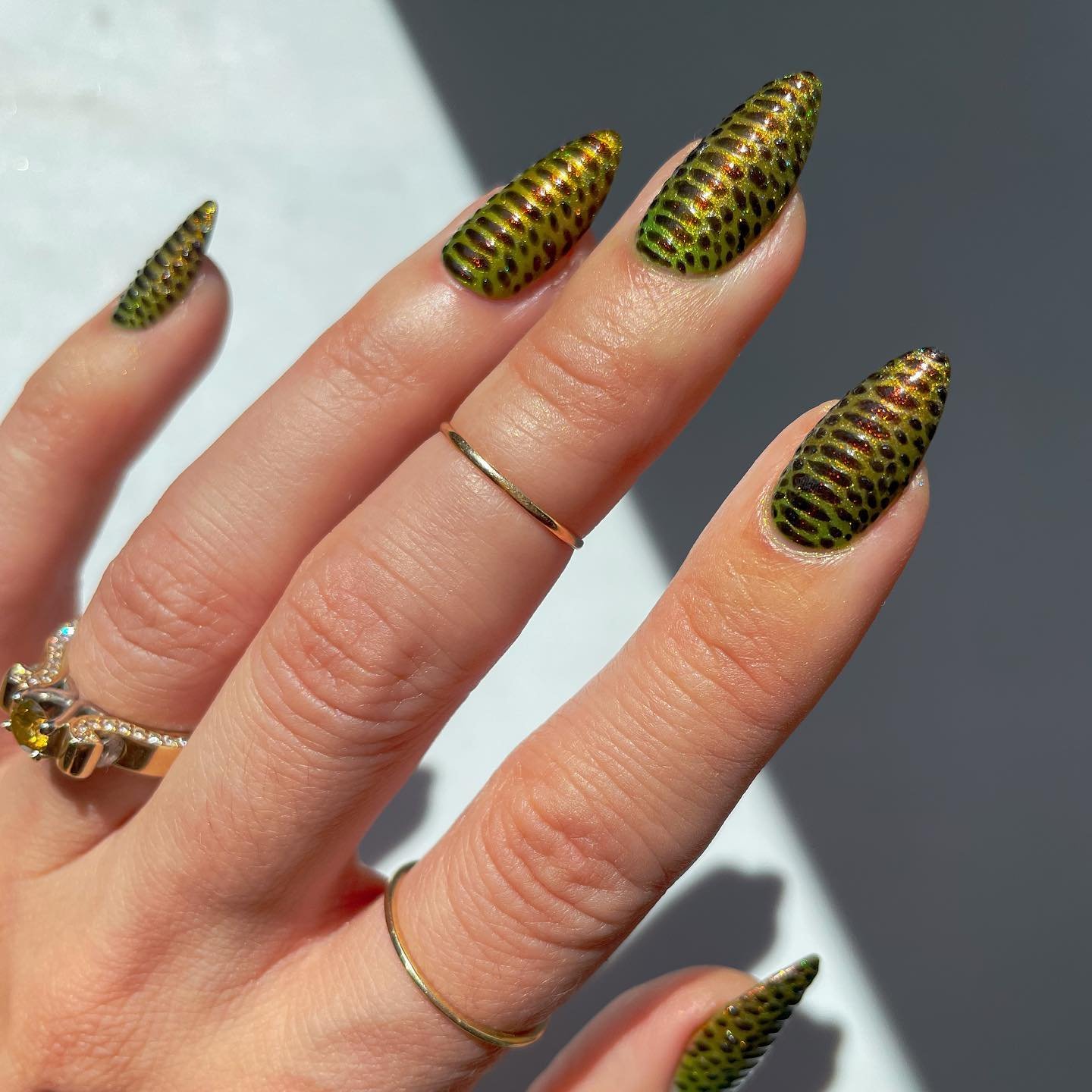 Olive Green Snakeskin Stiletto Nails