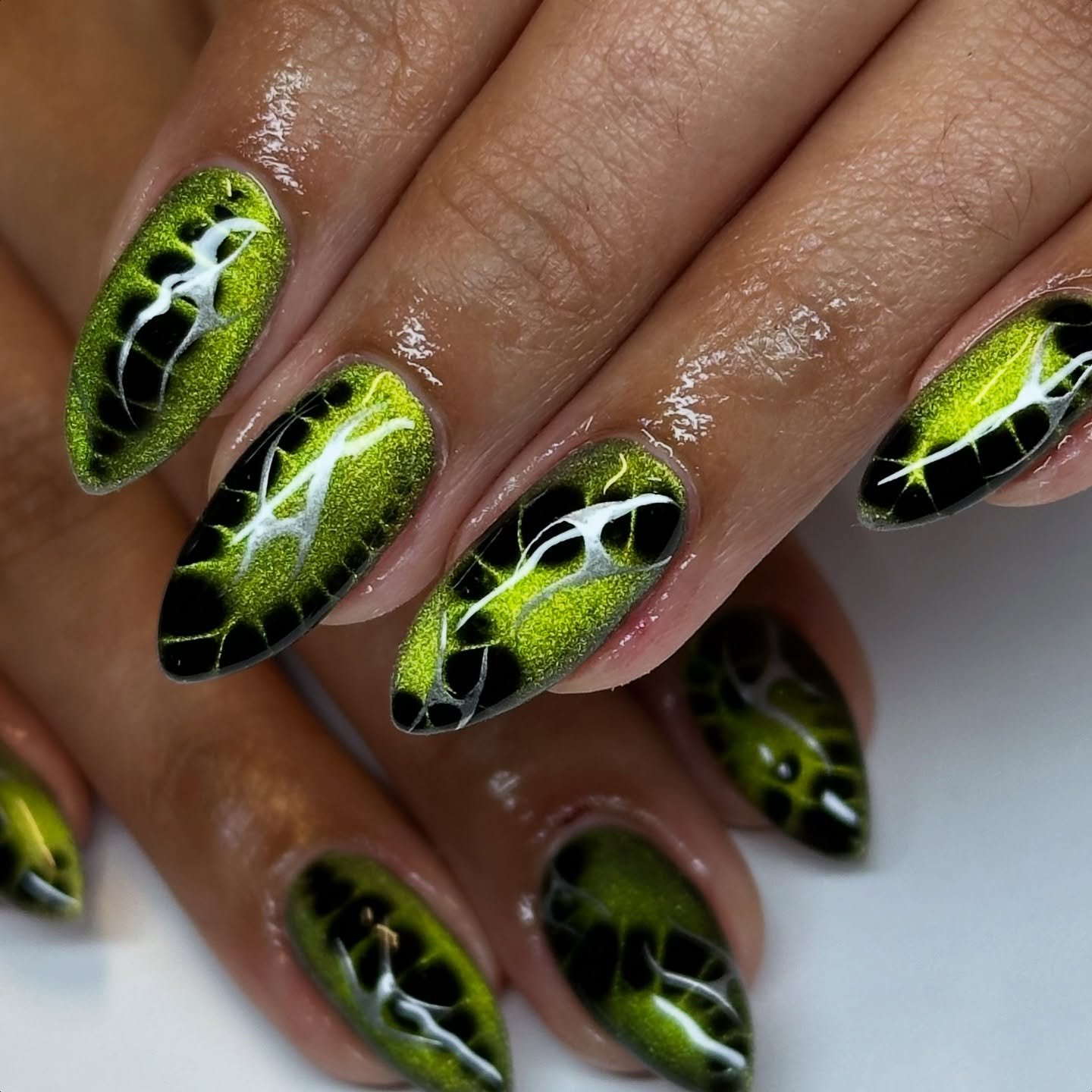 Neon Green and Black Snakeskin Nails