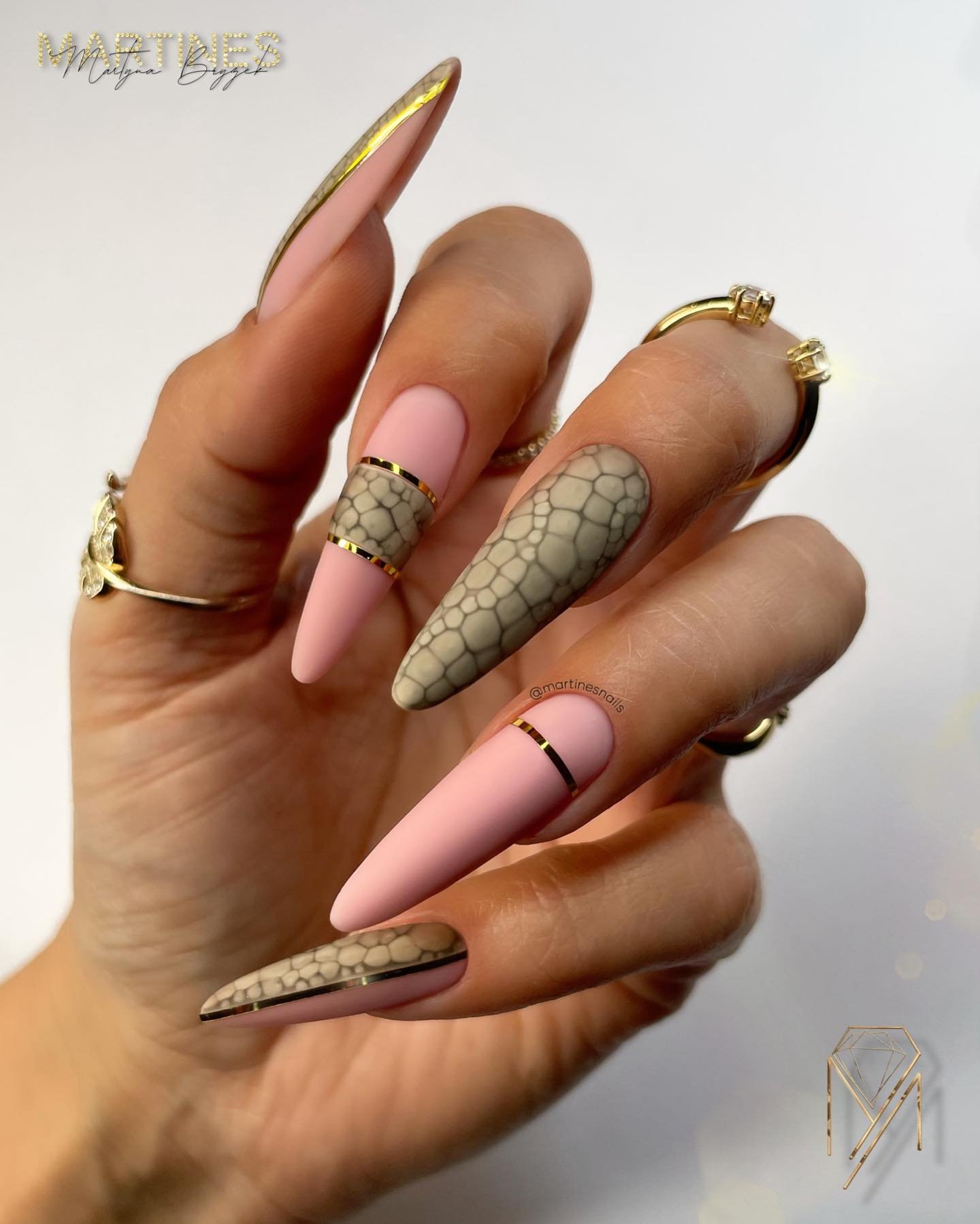 Pink and Taupe Snakeskin Stiletto Nails