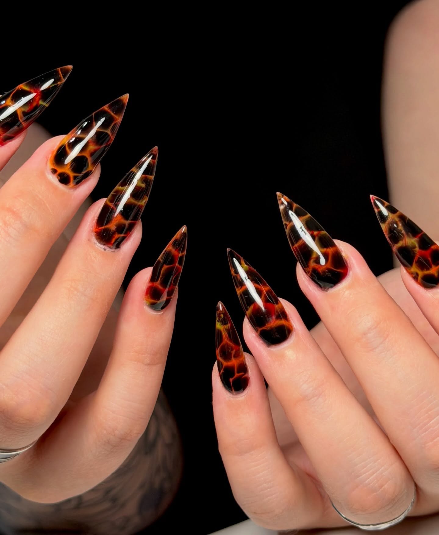 Black and Rust Snakeskin Stiletto Nails