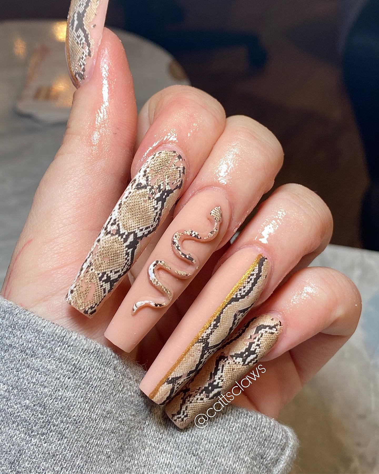 Brown Snakeskin Nails with Ornate Accents
