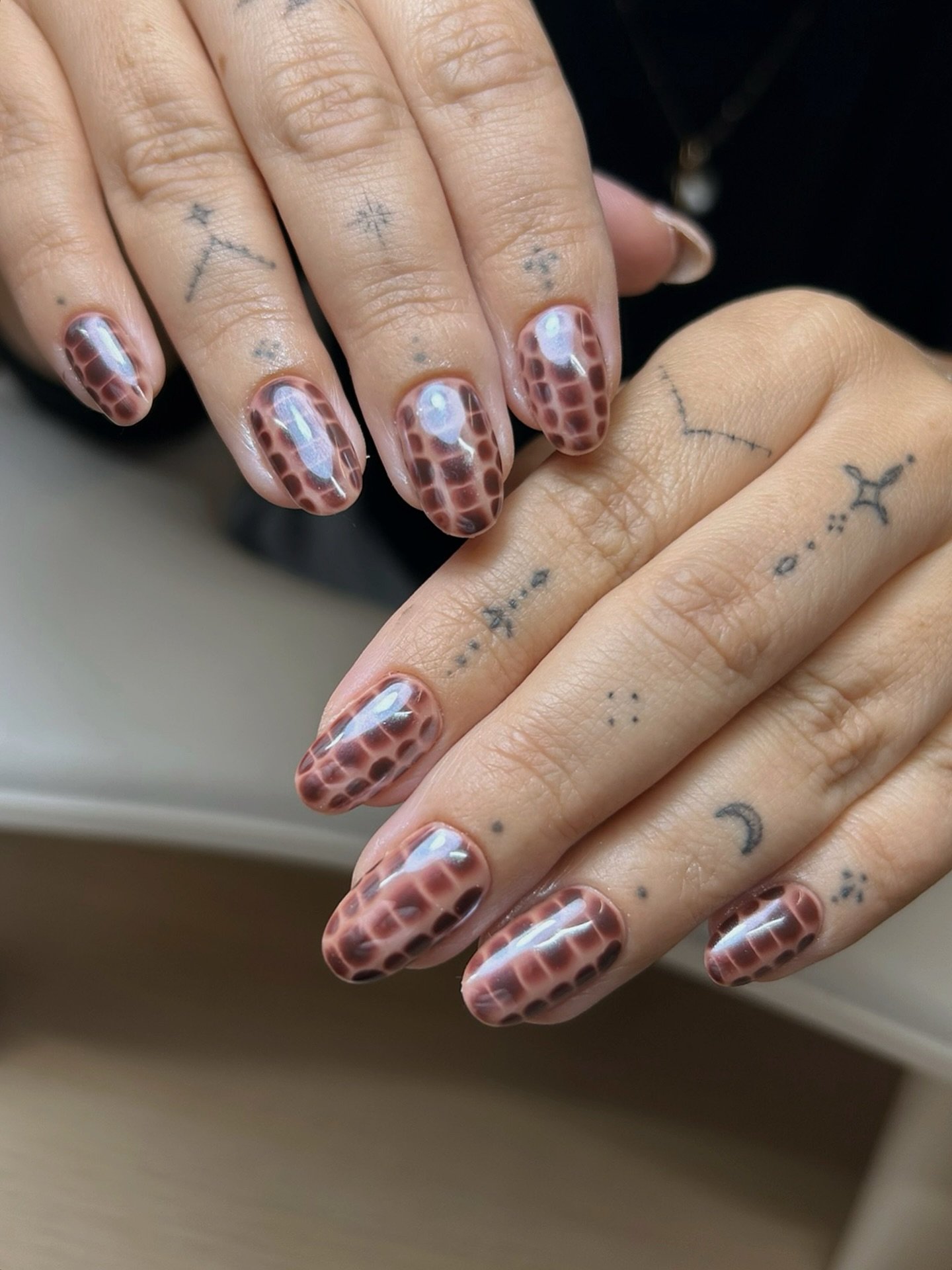 Nude Nails with Brown Snakeskin Patches