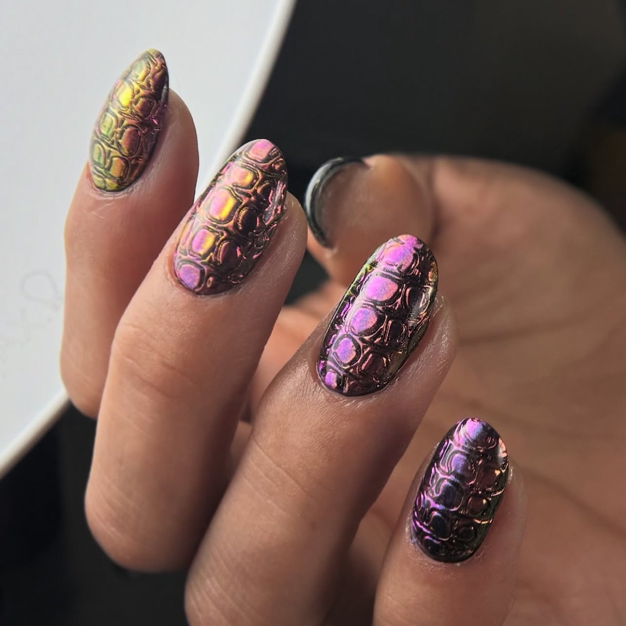 Pink and Purple Snakeskin Almond Nails