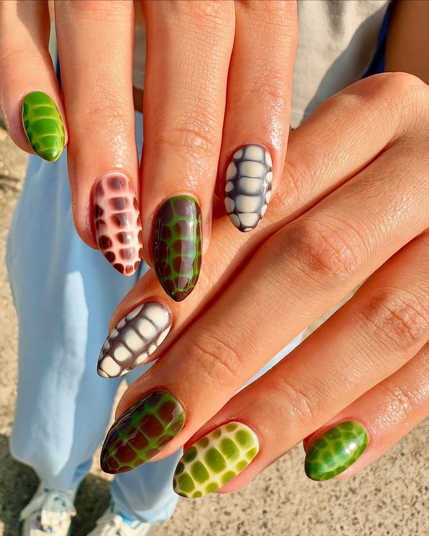 Mixed Green, Orange, and Brown Snakeskin Nails