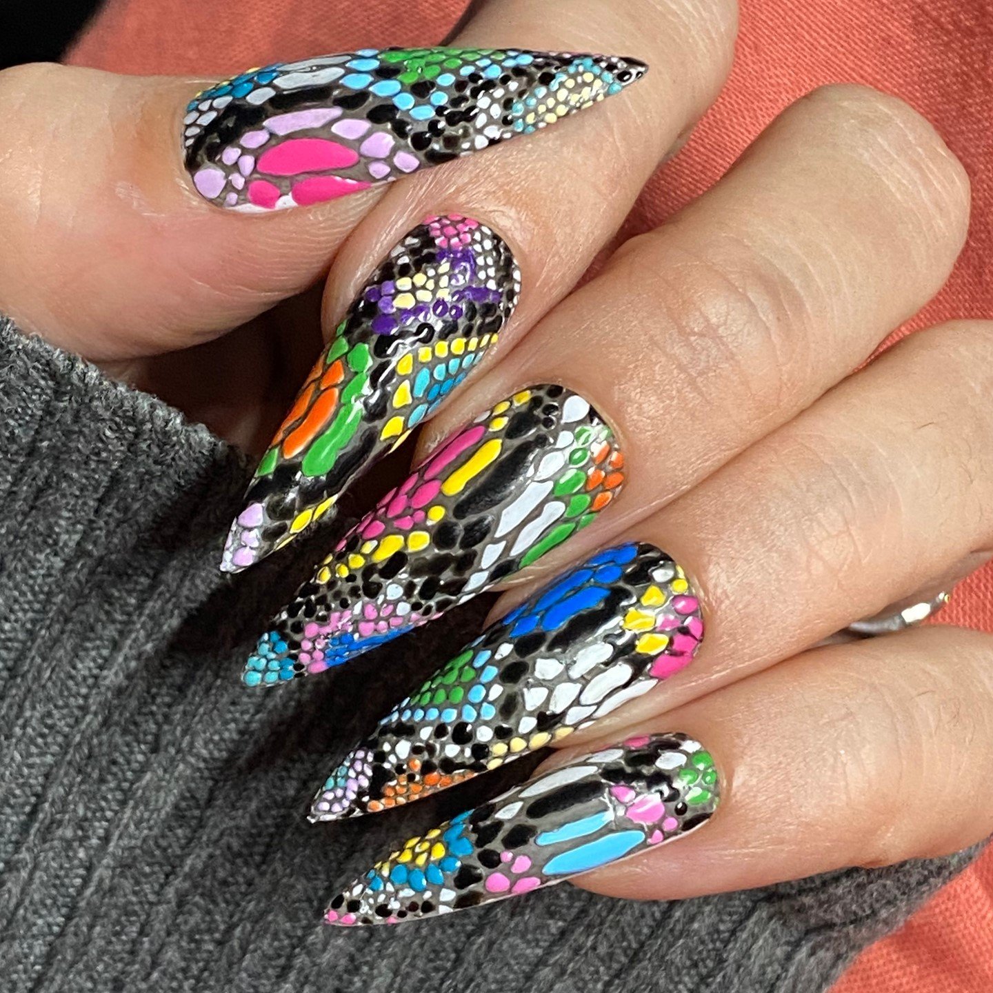 Colorful Embellished Snakeskin Stiletto Nails