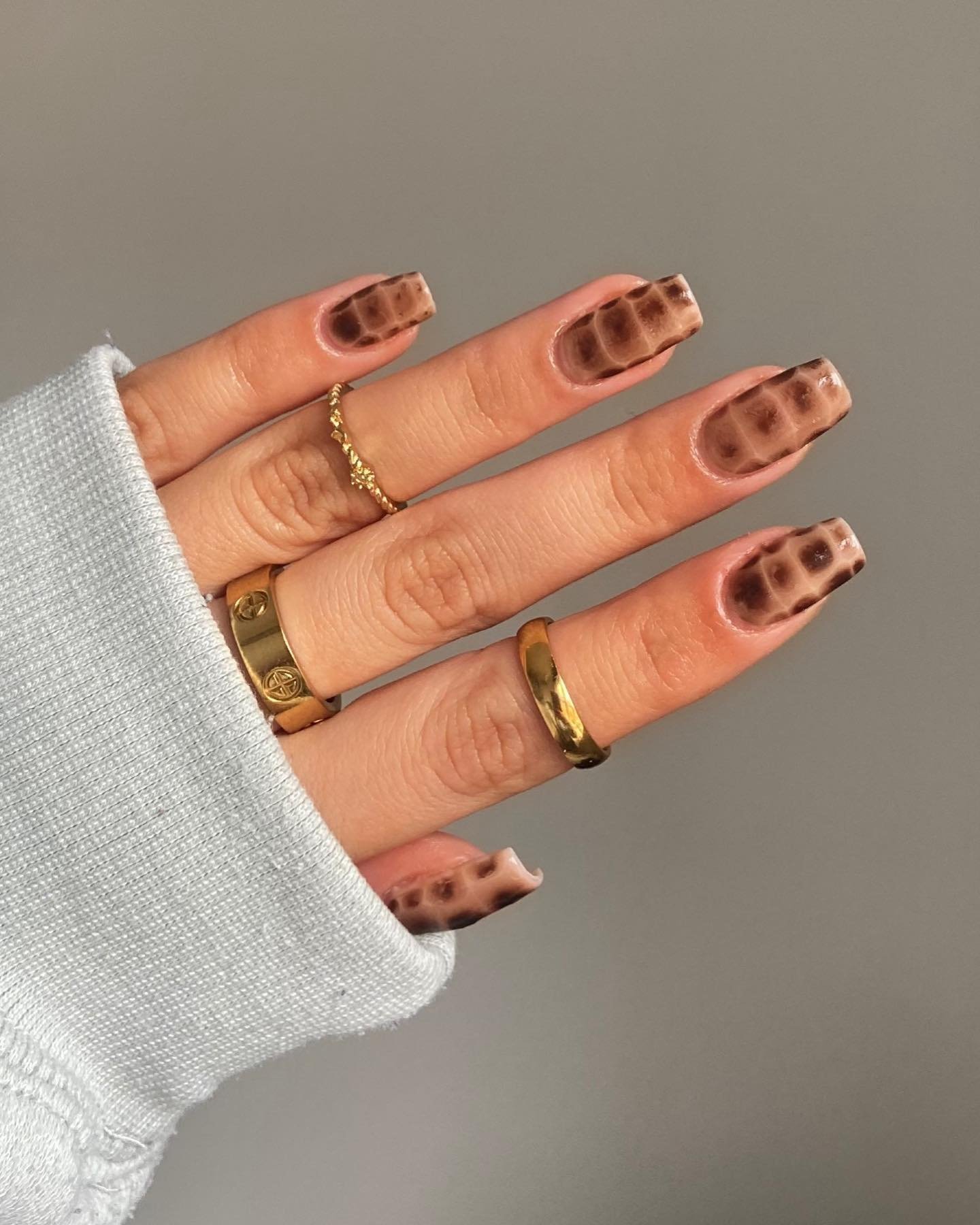 Peach Nails with Brown Snakeskin Panels