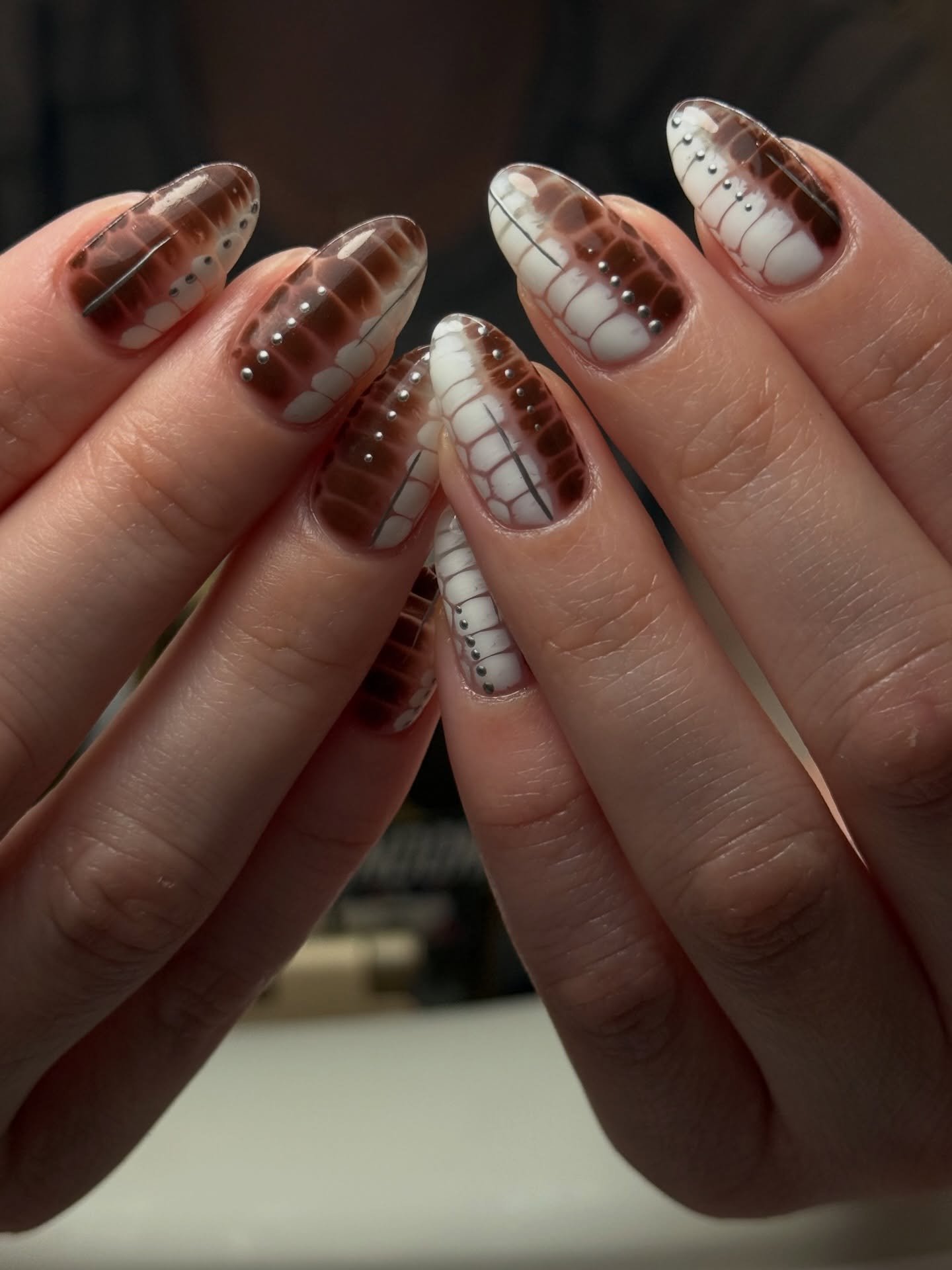 Sheer Nude Nails with Brown Snakeskin Details