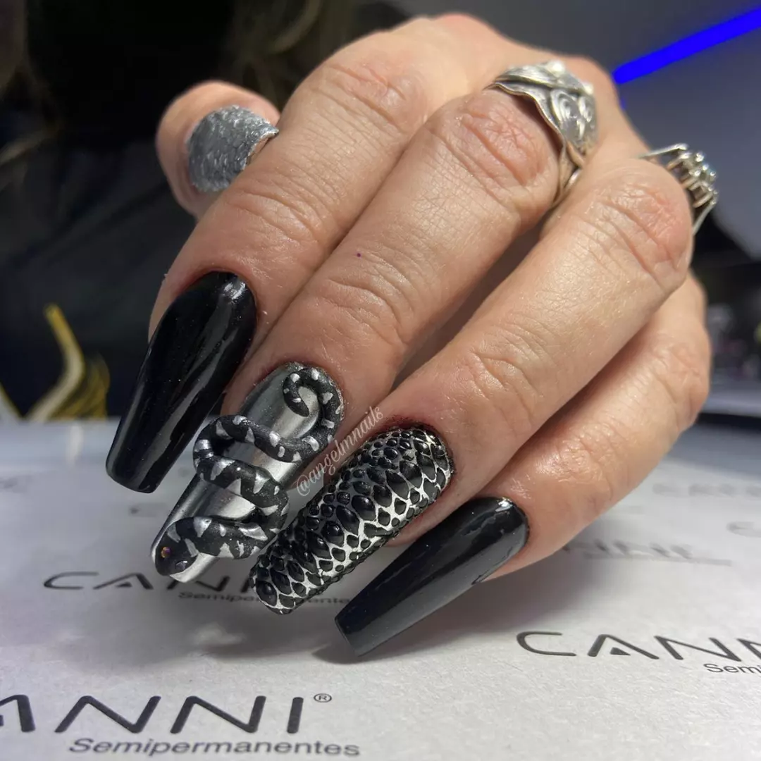 Black Nails with Silver Snakeskin Accents