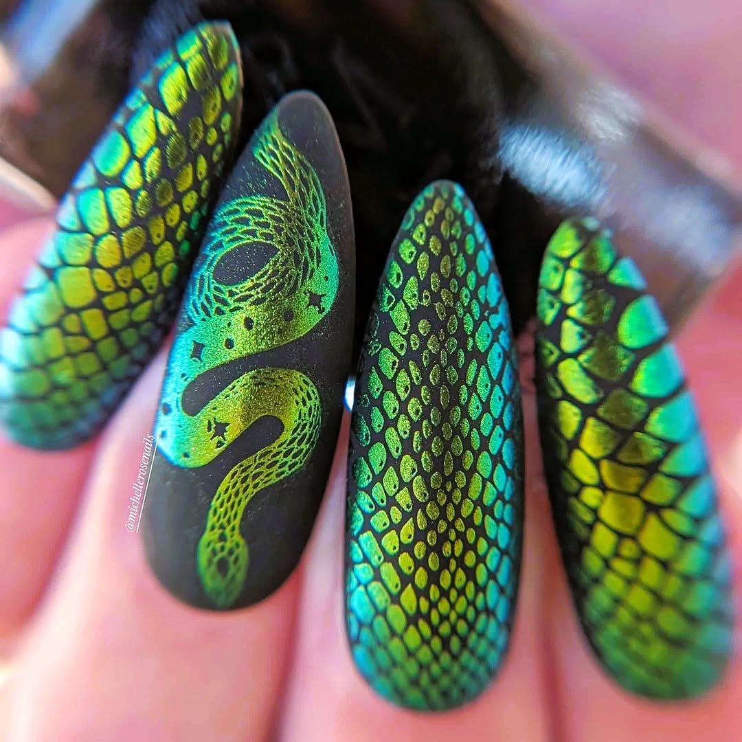 Neon Green and Blue Snakeskin Nails