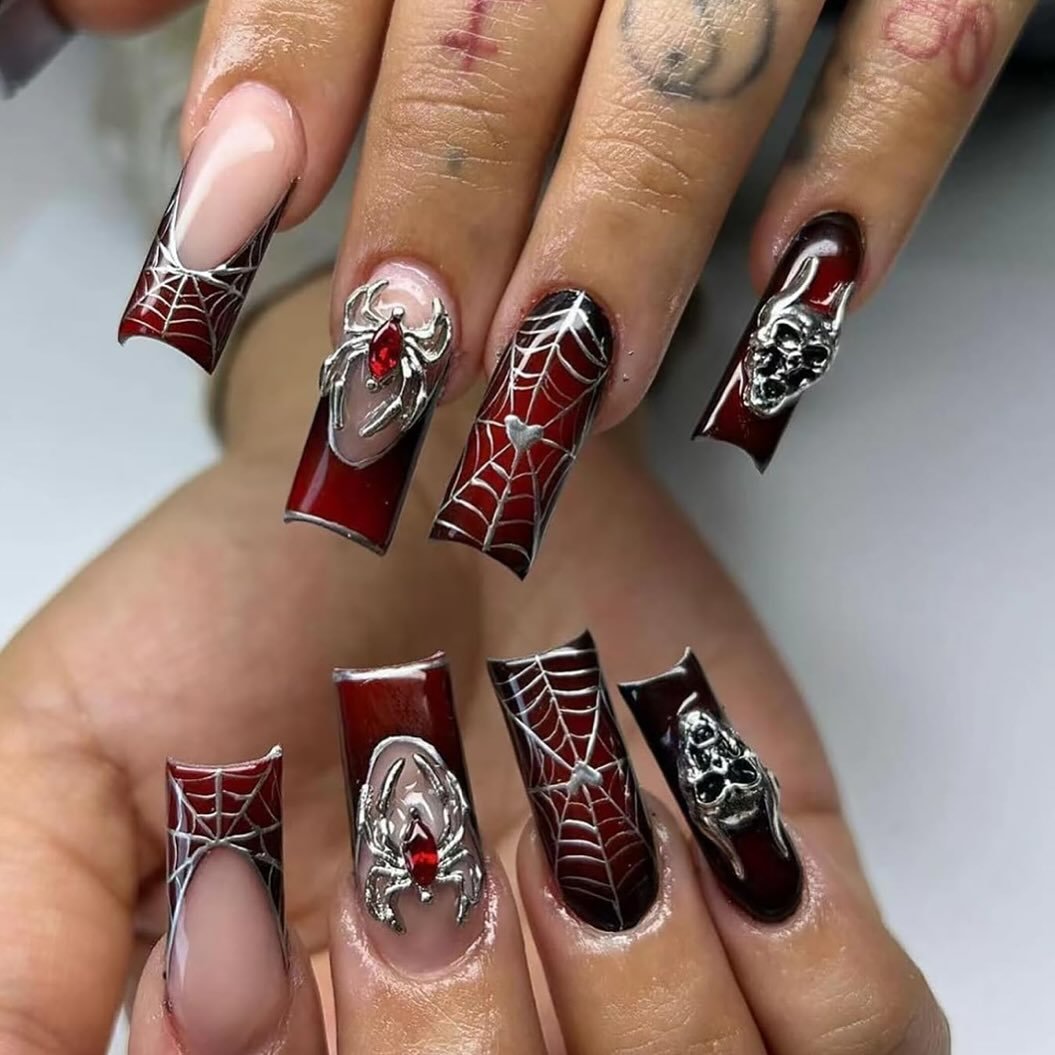 Mixed Black and Red Web Nails