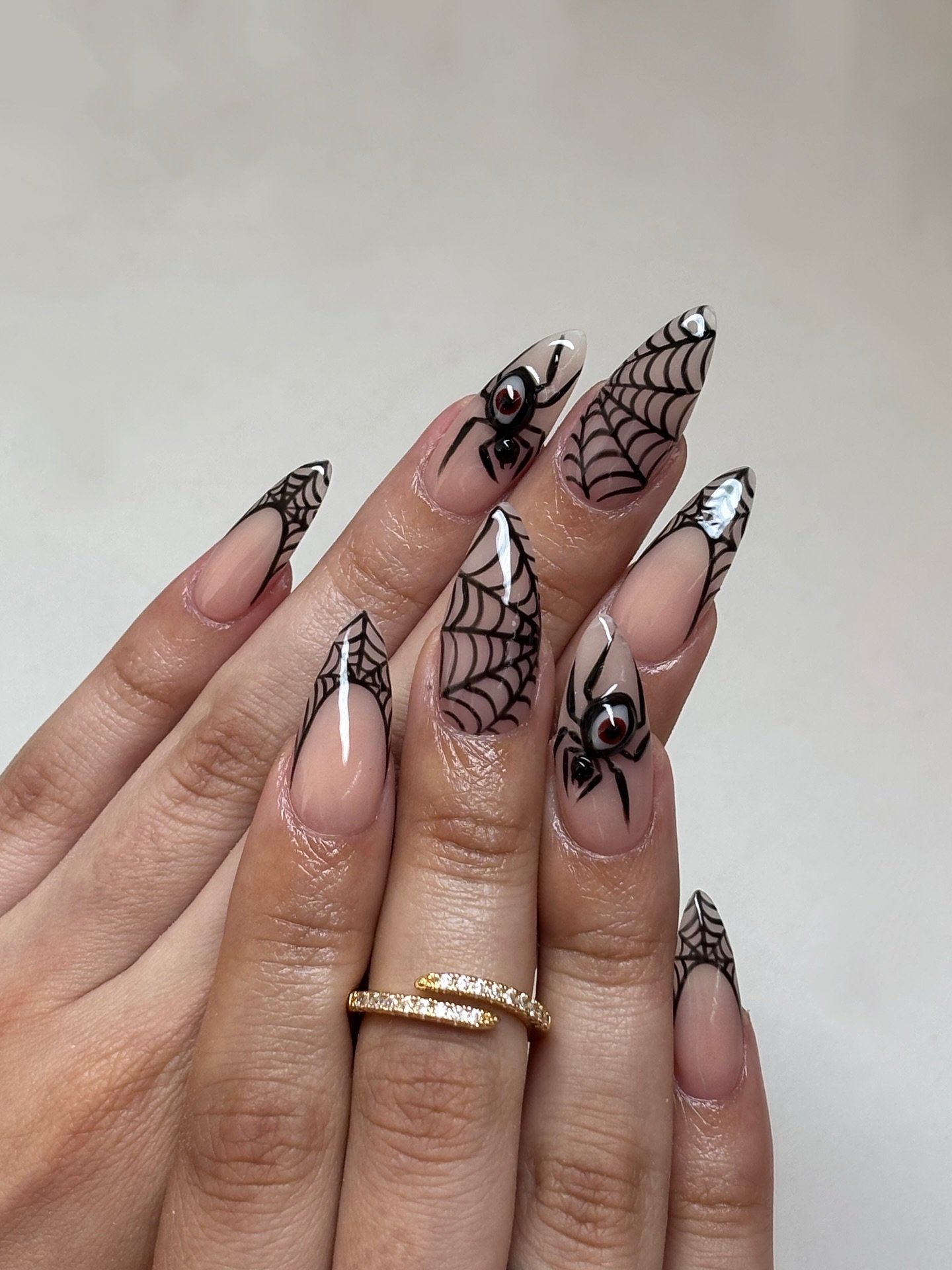 Black and Nude Spider Web Stiletto Nails