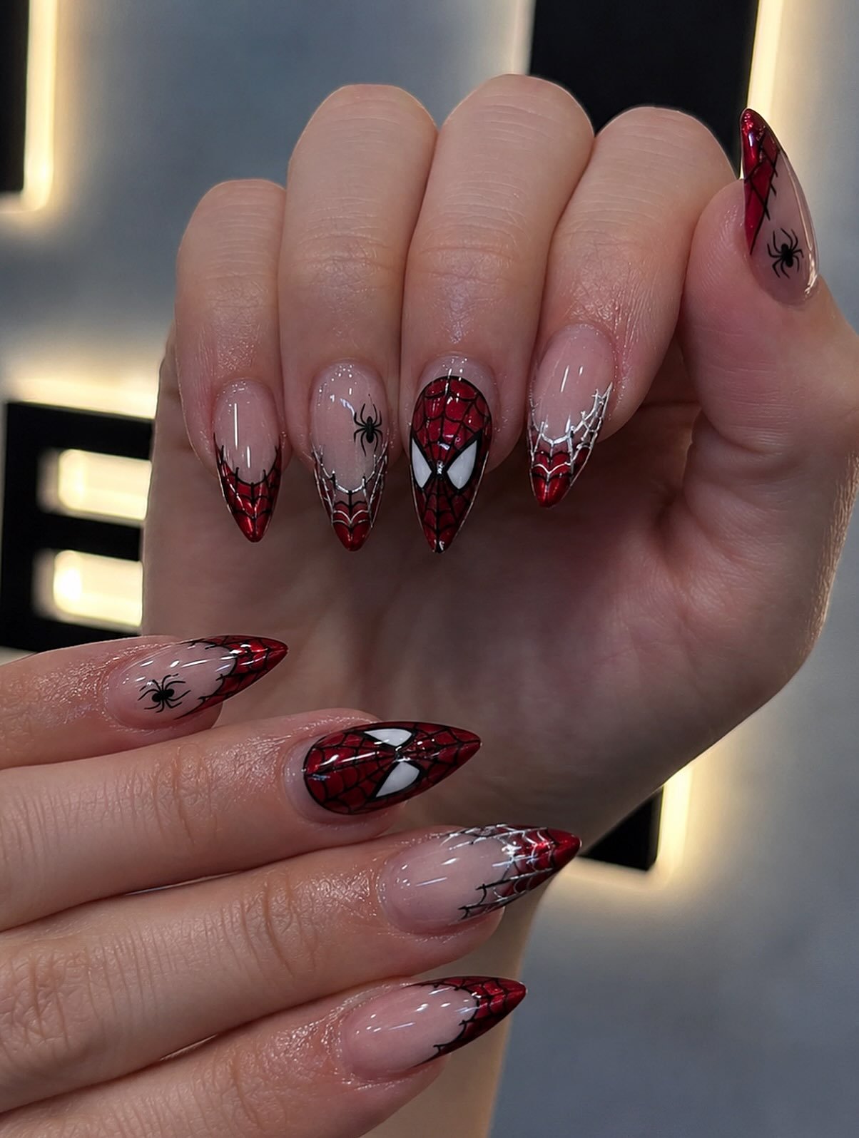 Burgundy and Nude Spider Web Nails