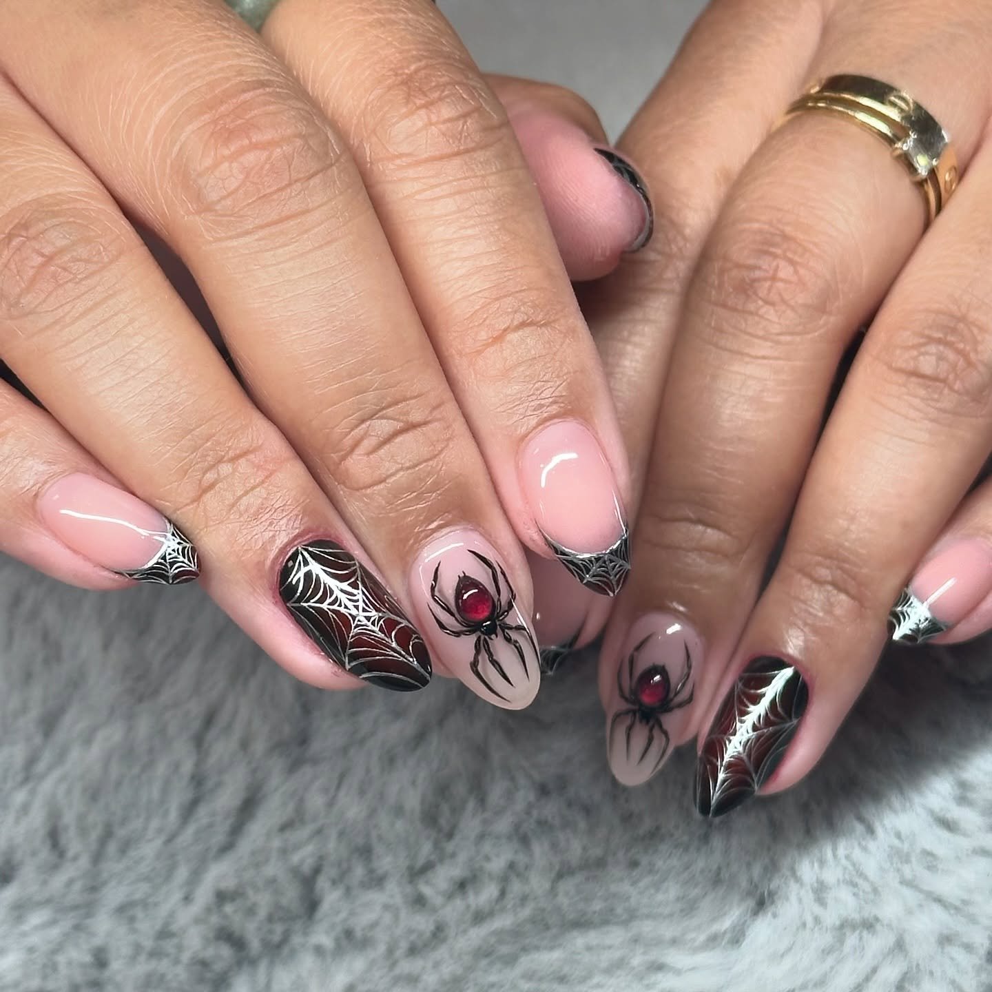 Nude Nails with Black Web and Dark Accents
