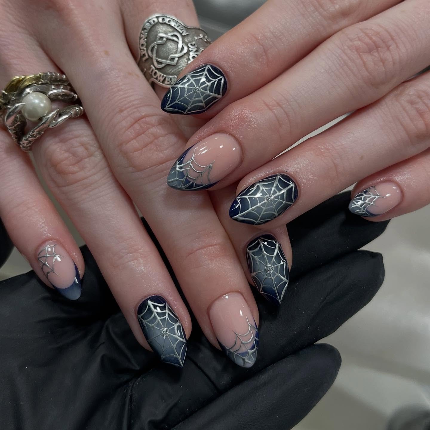 Nude and Charcoal Spider Web Nails