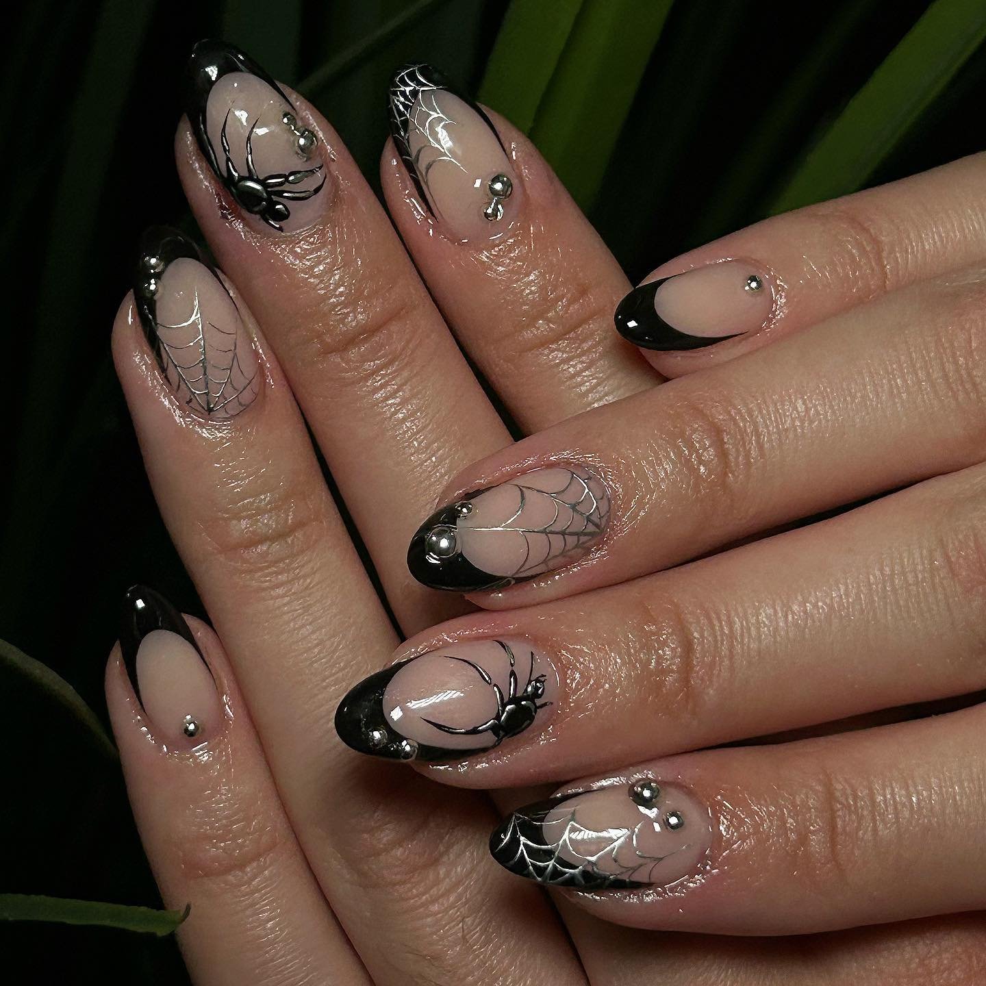 Black and Nude Web Nails with Fine Line Details