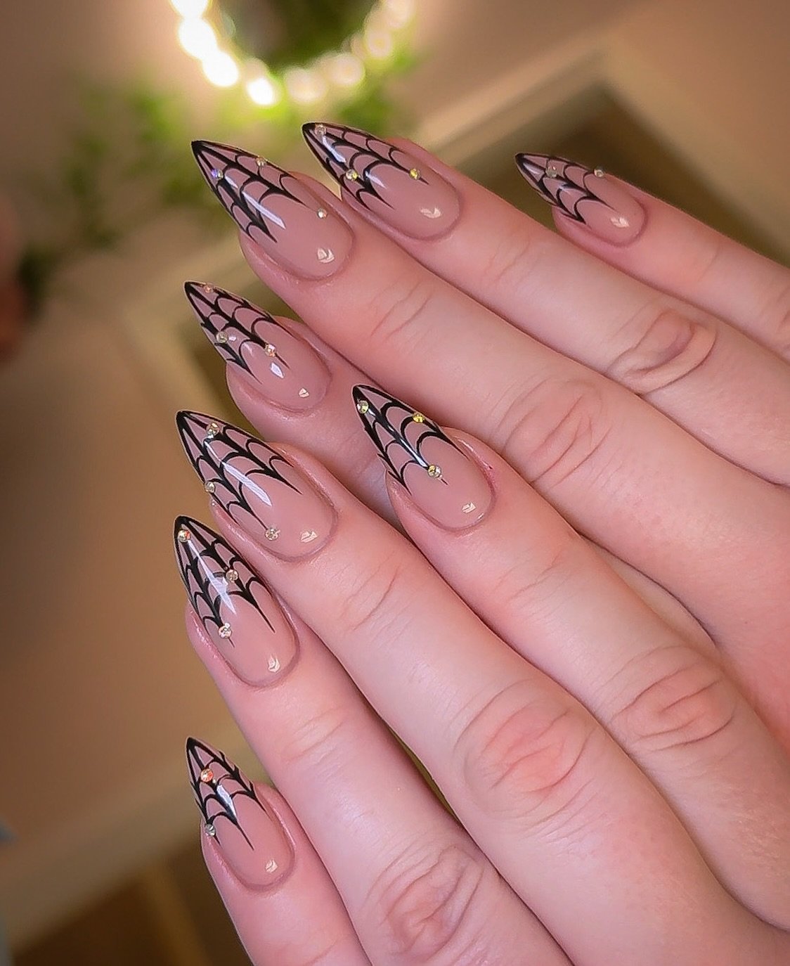 Pink Stiletto Nails with Black Spider Web Tips