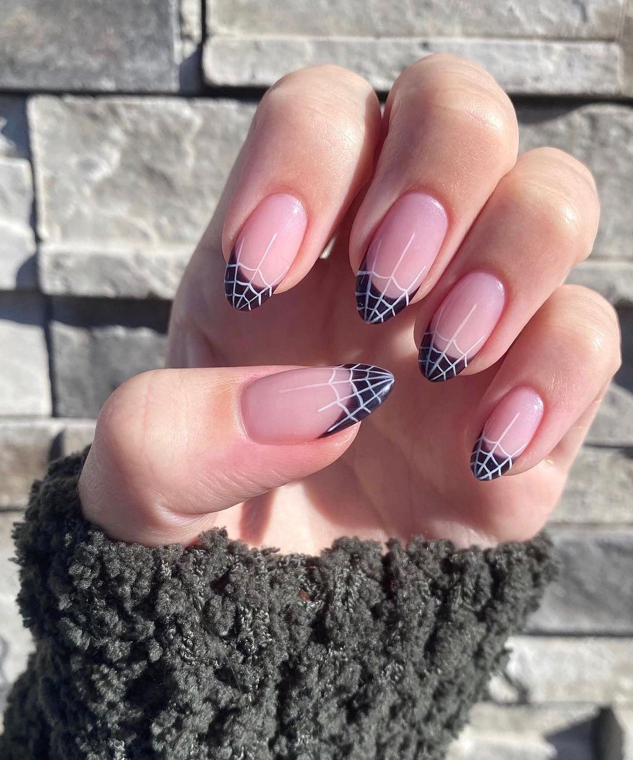 Short Pink Nails with Tiny Spider Web Accents