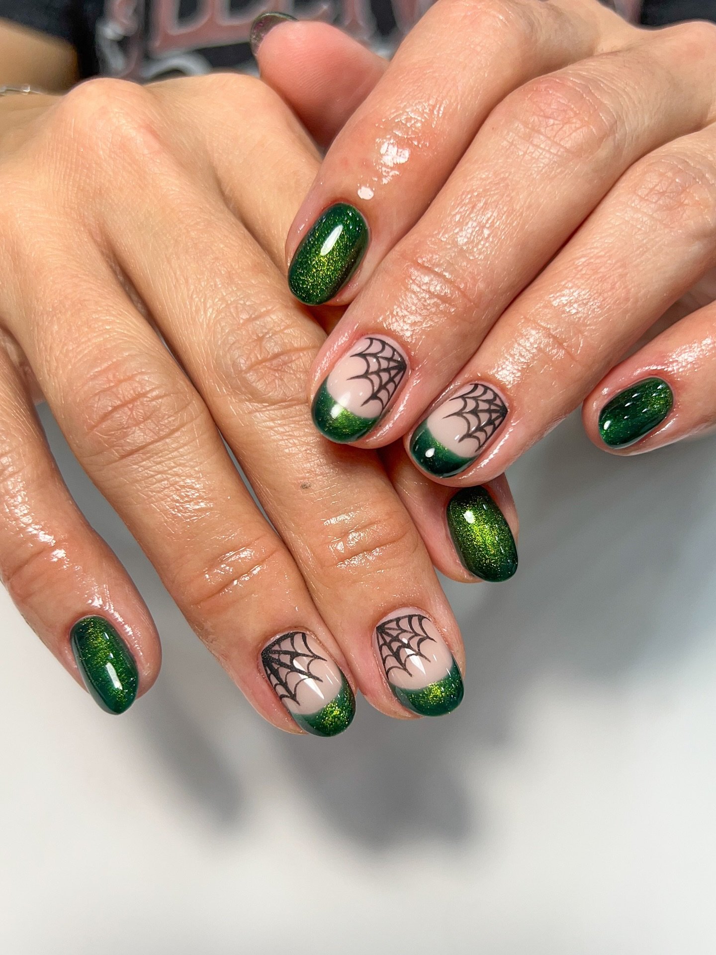 Green and Nude Nails with Spider Web Accents