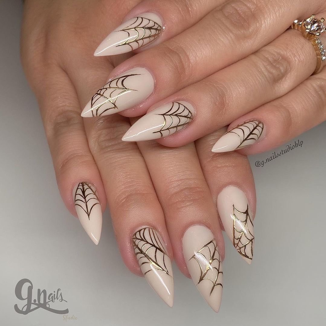 White Almond Nails with Black Spider Web Artwork
