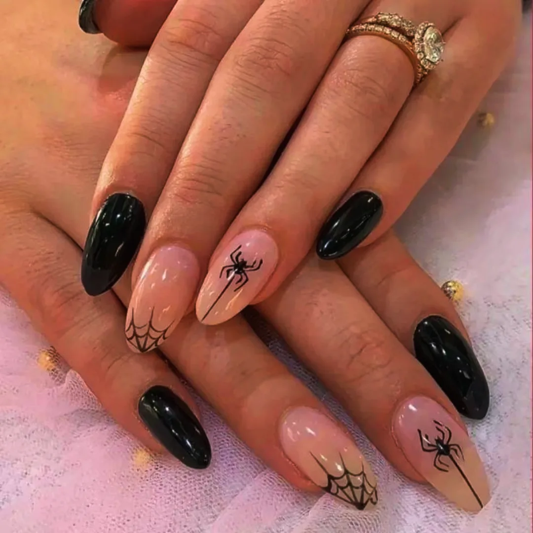 Black Nails with Nude Web Accent Nails