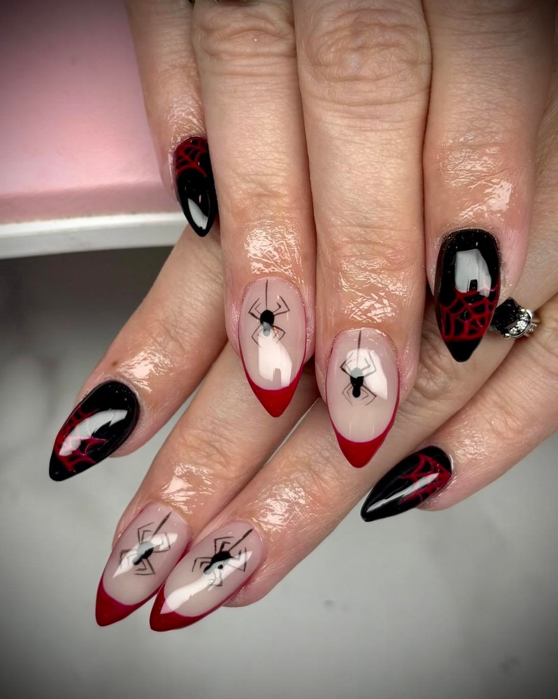 Black, White, and Red Spider Web Nails