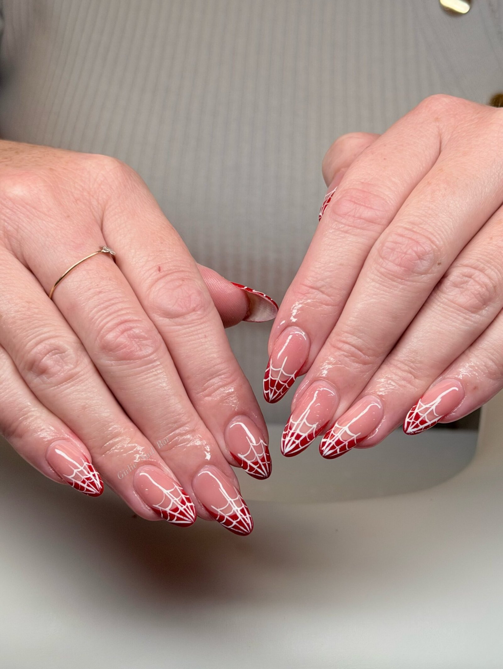 Soft Pink Almond Nails with Subtle Web Details