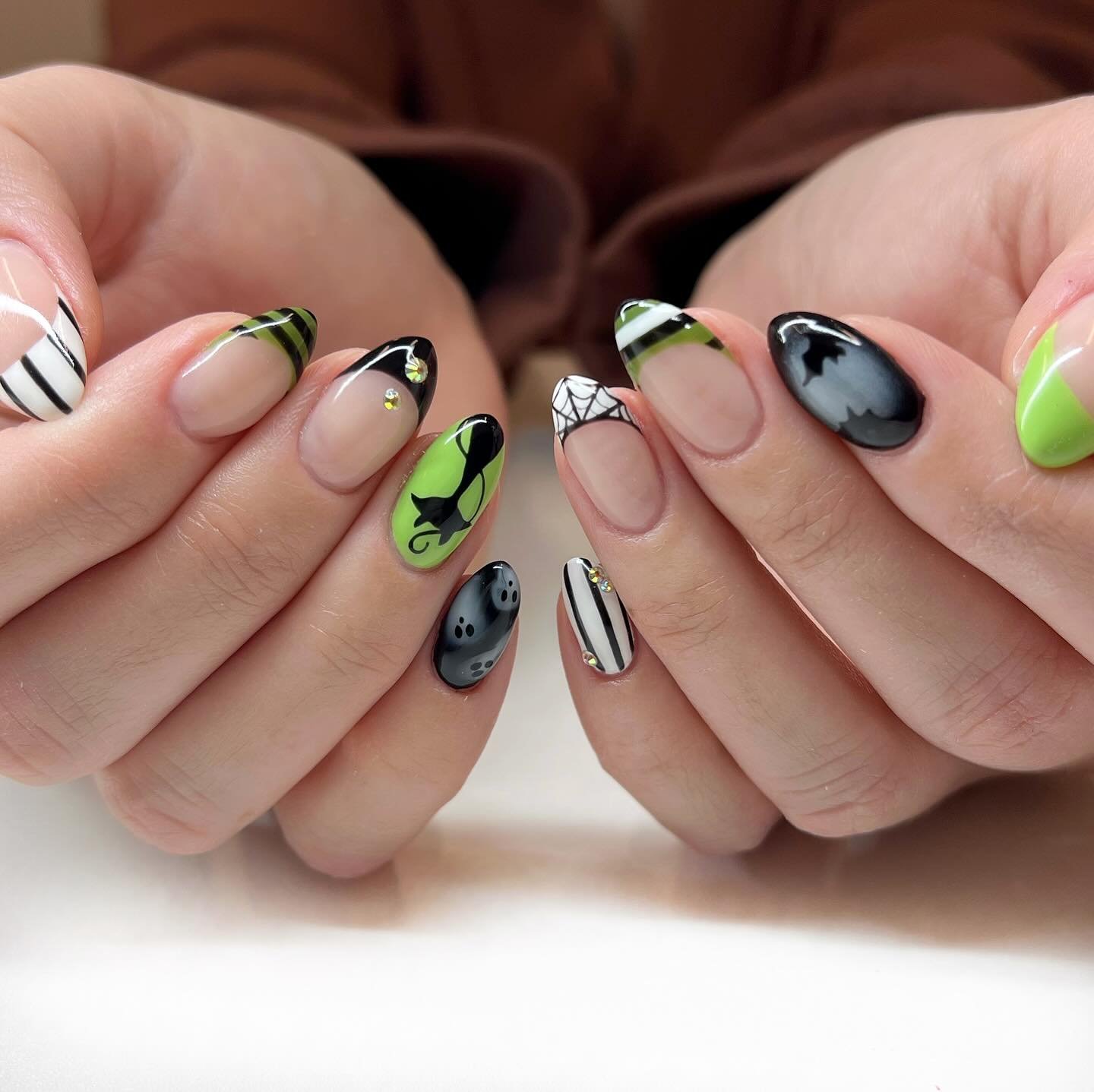 Black and Neon Green Spider Web Nails