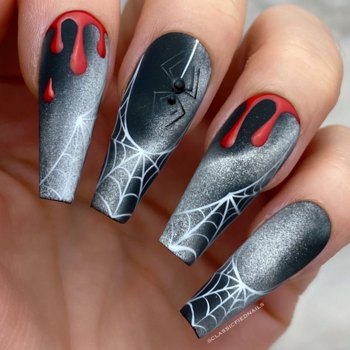 Silver, Black, and Red Spider Web Nails