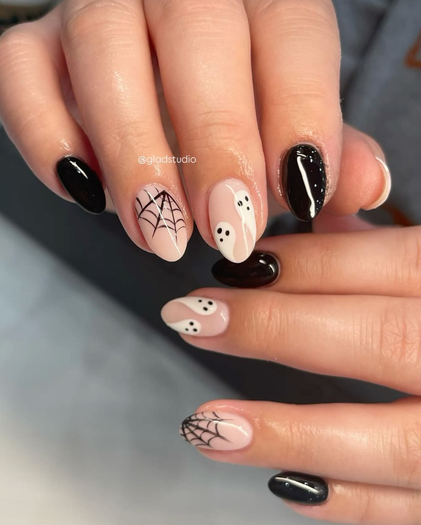 Pink and Black Nails with Web Accents