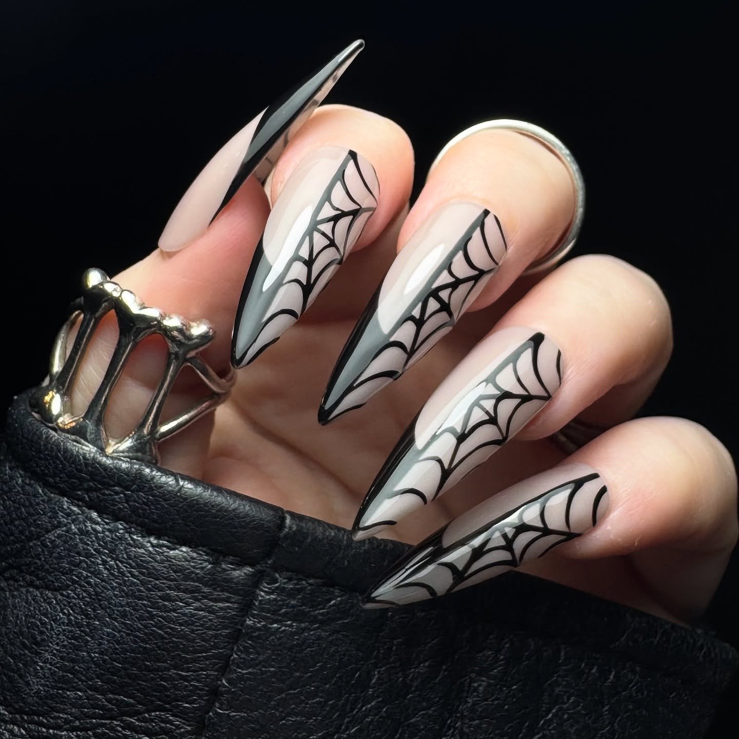 White Almond Nails with Black Spider Webs
